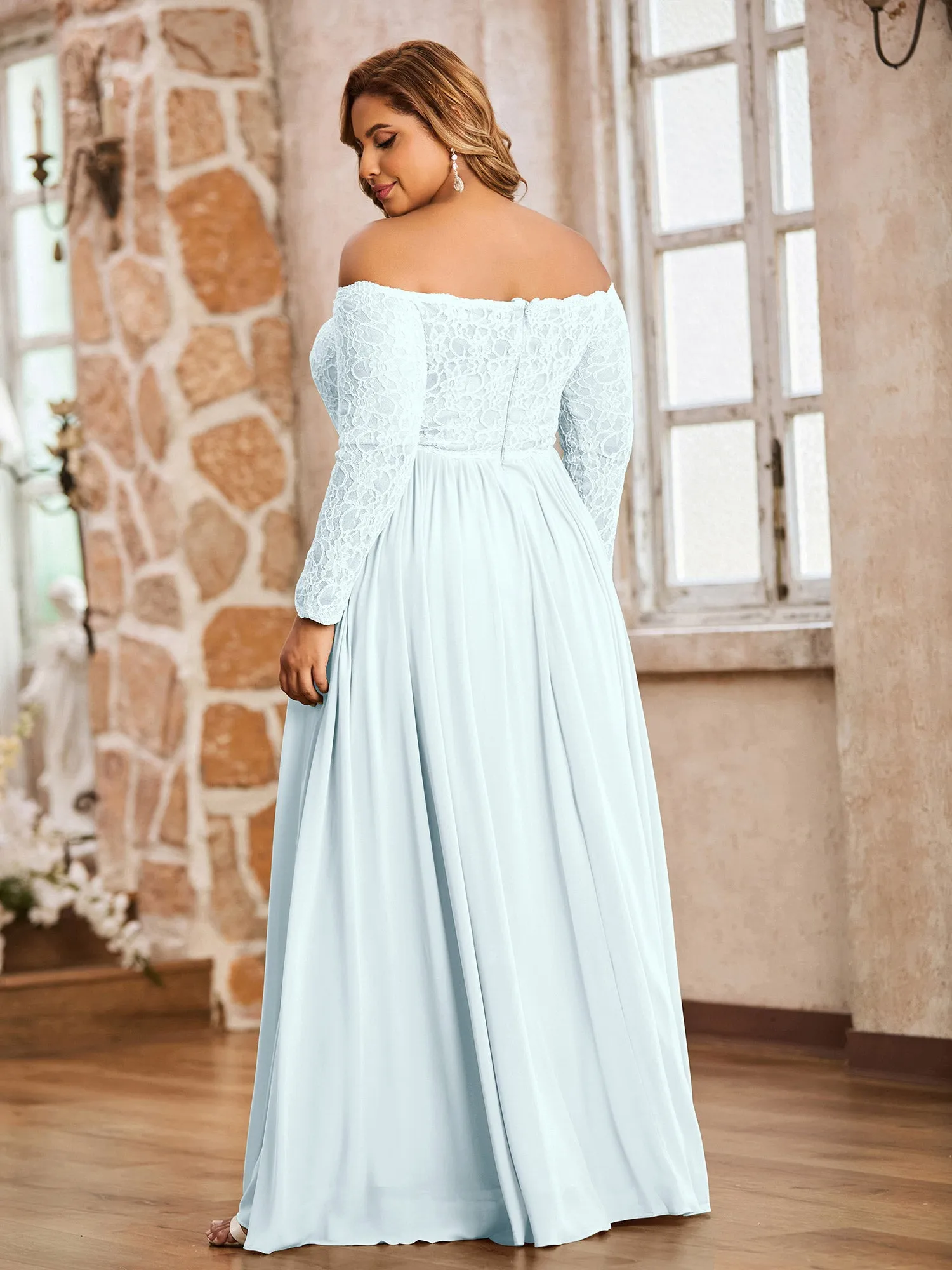 Lace and Chiffon Long Sleeves Dresses with Pockets-Mist Plus Size