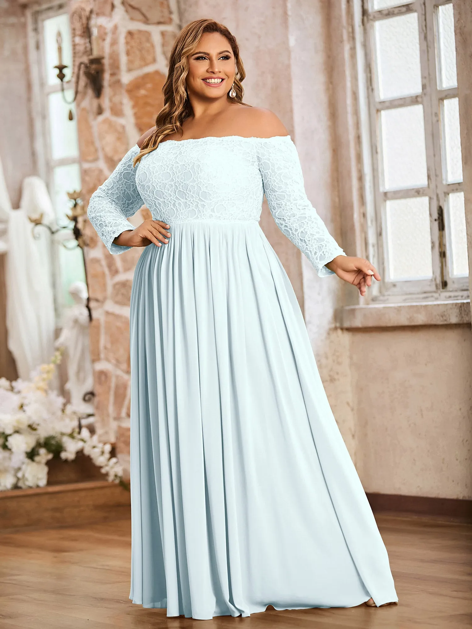 Lace and Chiffon Long Sleeves Dresses with Pockets-Mist Plus Size