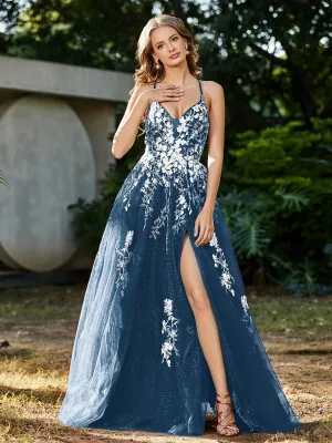 Lace Applique High Slit Tulle Dress Ink Blue