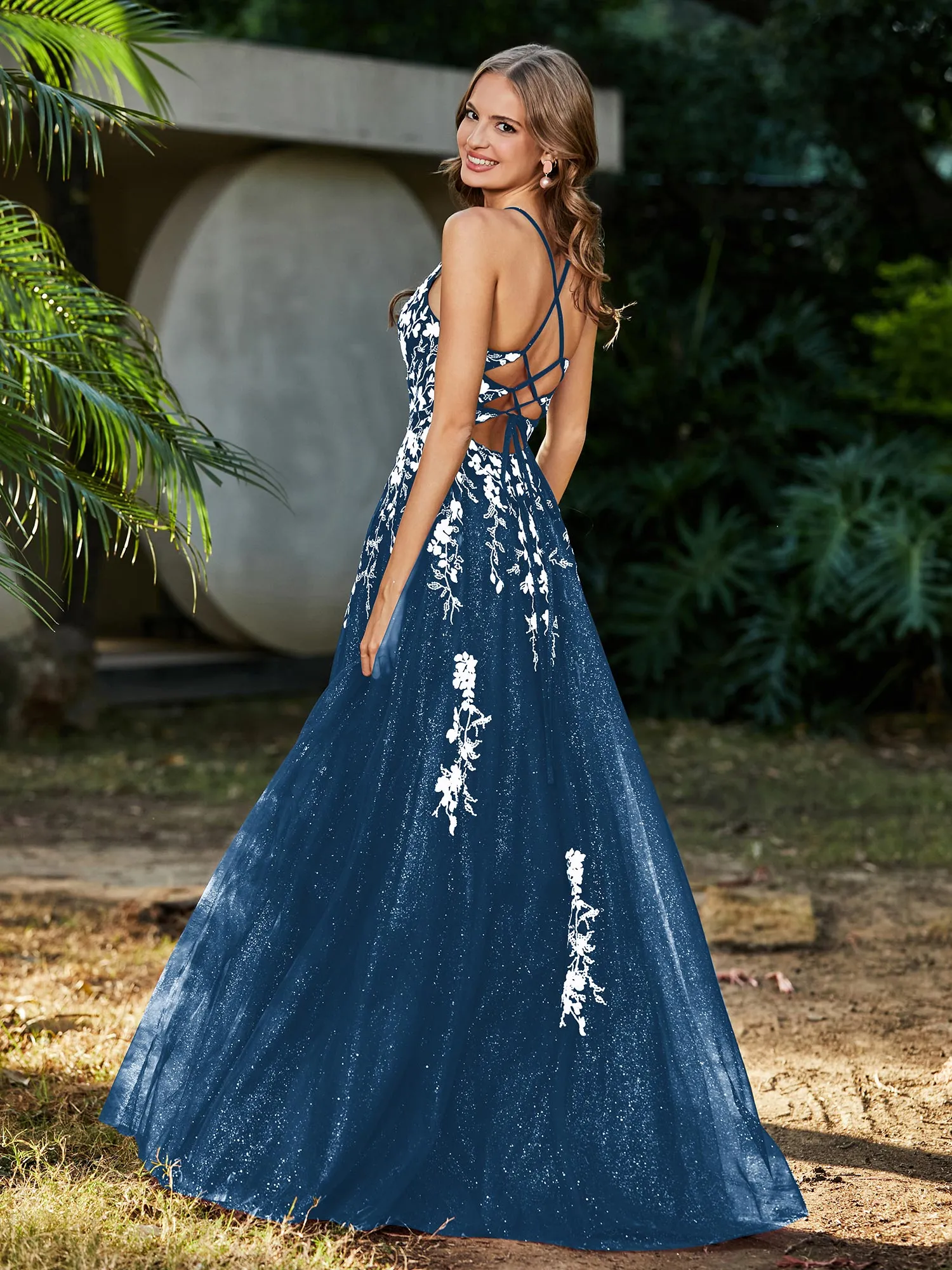 Lace Applique High Slit Tulle Dress Ink Blue