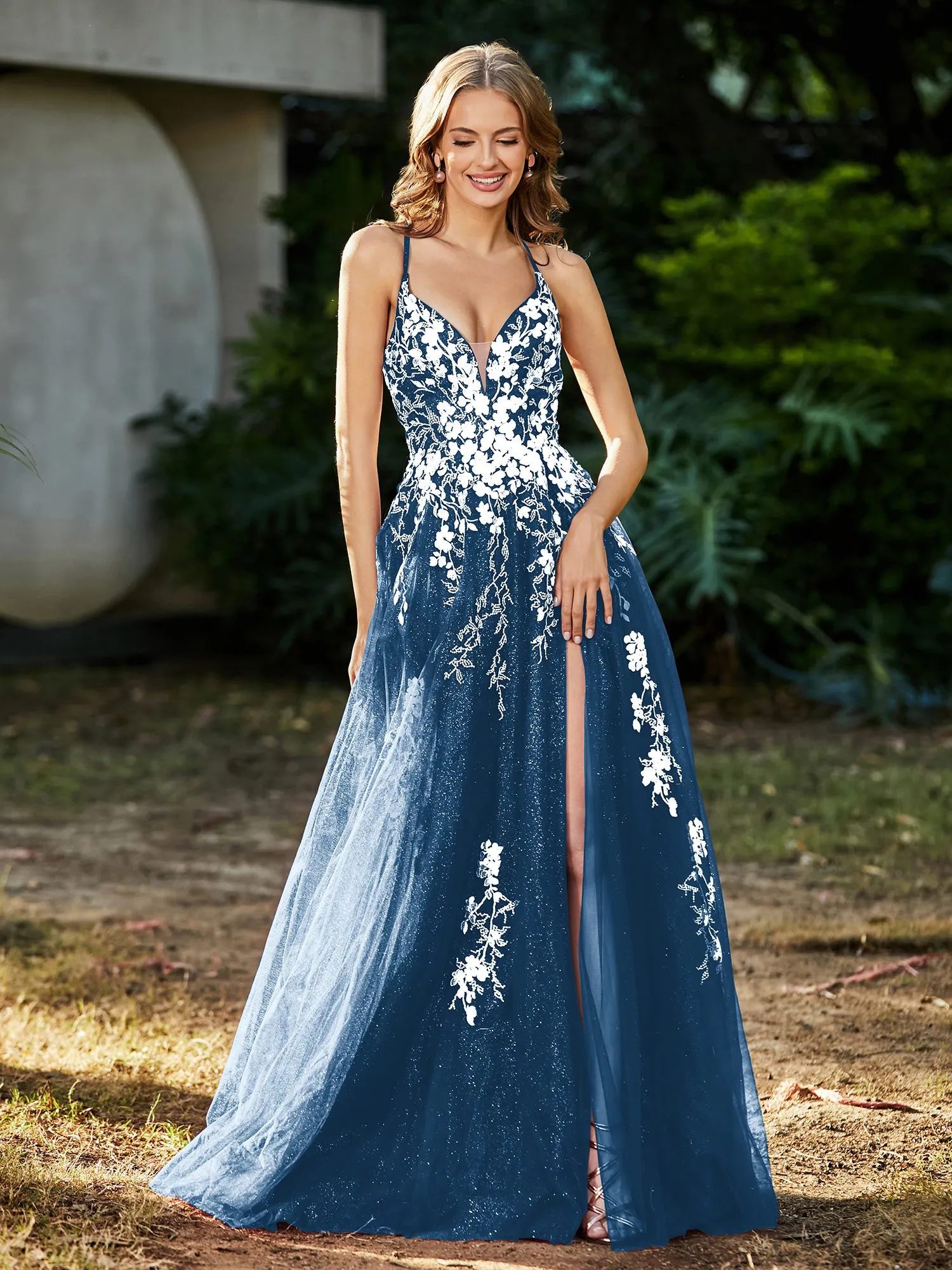 Lace Applique High Slit Tulle Dress Ink Blue