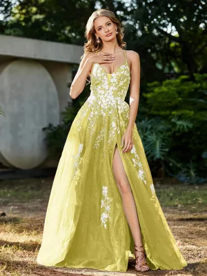 Lace Applique High Slit Tulle Dress Lemon