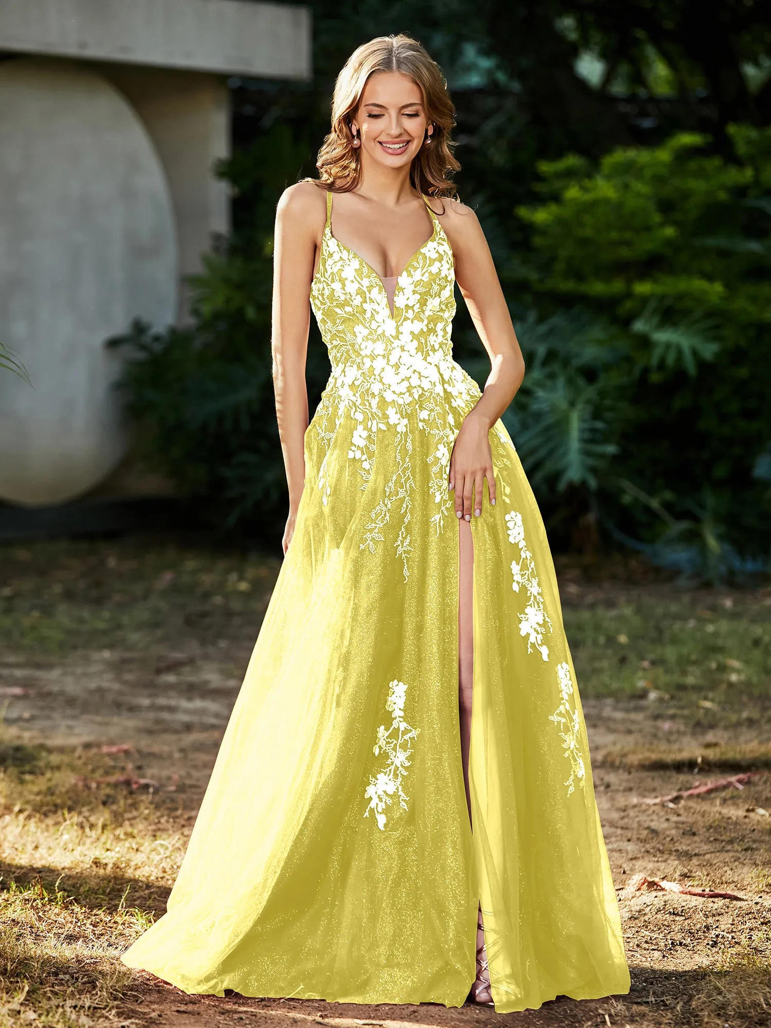 Lace Applique High Slit Tulle Dress Lemon
