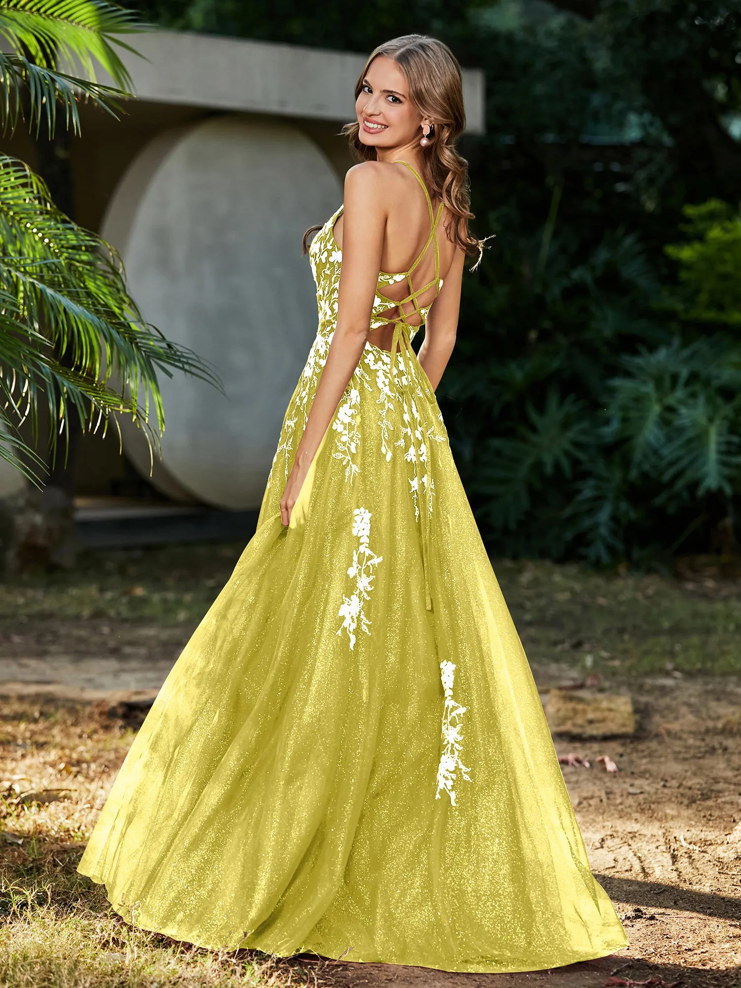 Lace Applique High Slit Tulle Dress Lemon