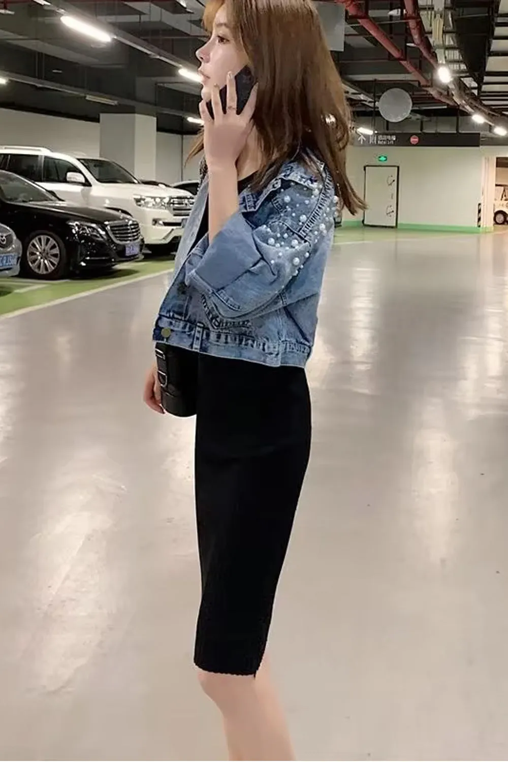 Long Sleeve Cropped Style Pearls Beaded Denim Jacket