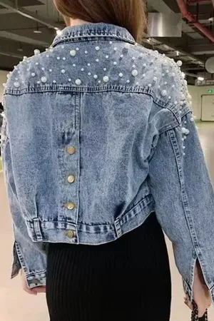 Long Sleeve Cropped Style Pearls Beaded Denim Jacket