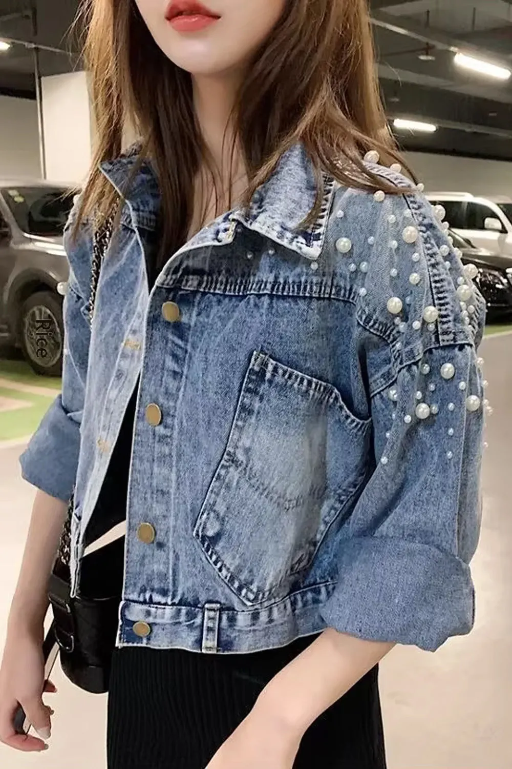 Long Sleeve Cropped Style Pearls Beaded Denim Jacket