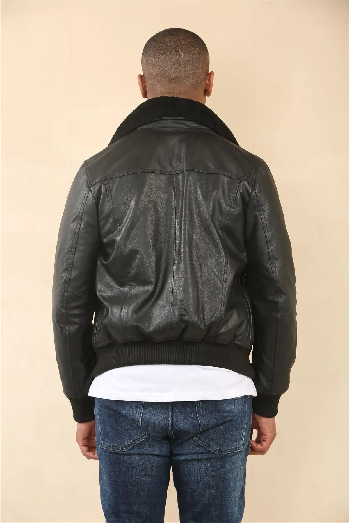 Men's Black Cowhide Aviator Bomber Leather Jacket