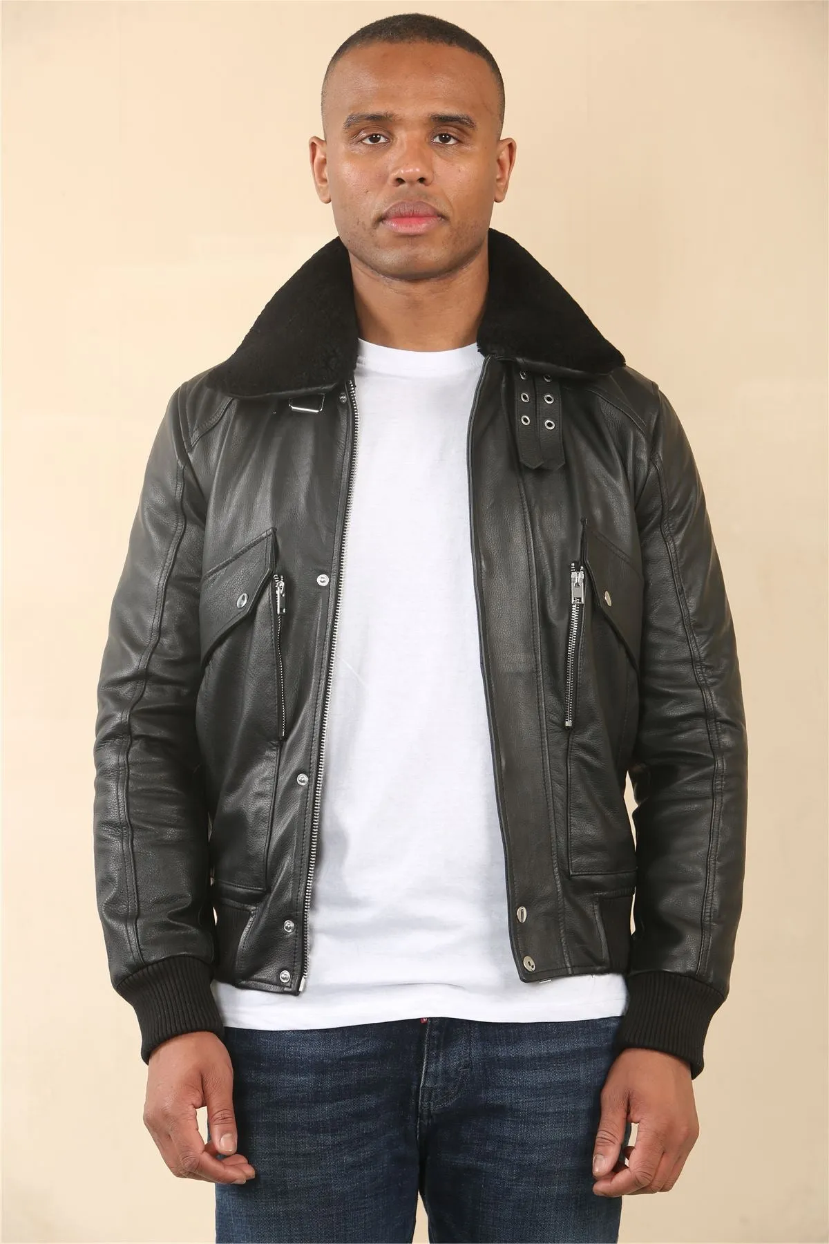Men's Black Cowhide Aviator Bomber Leather Jacket