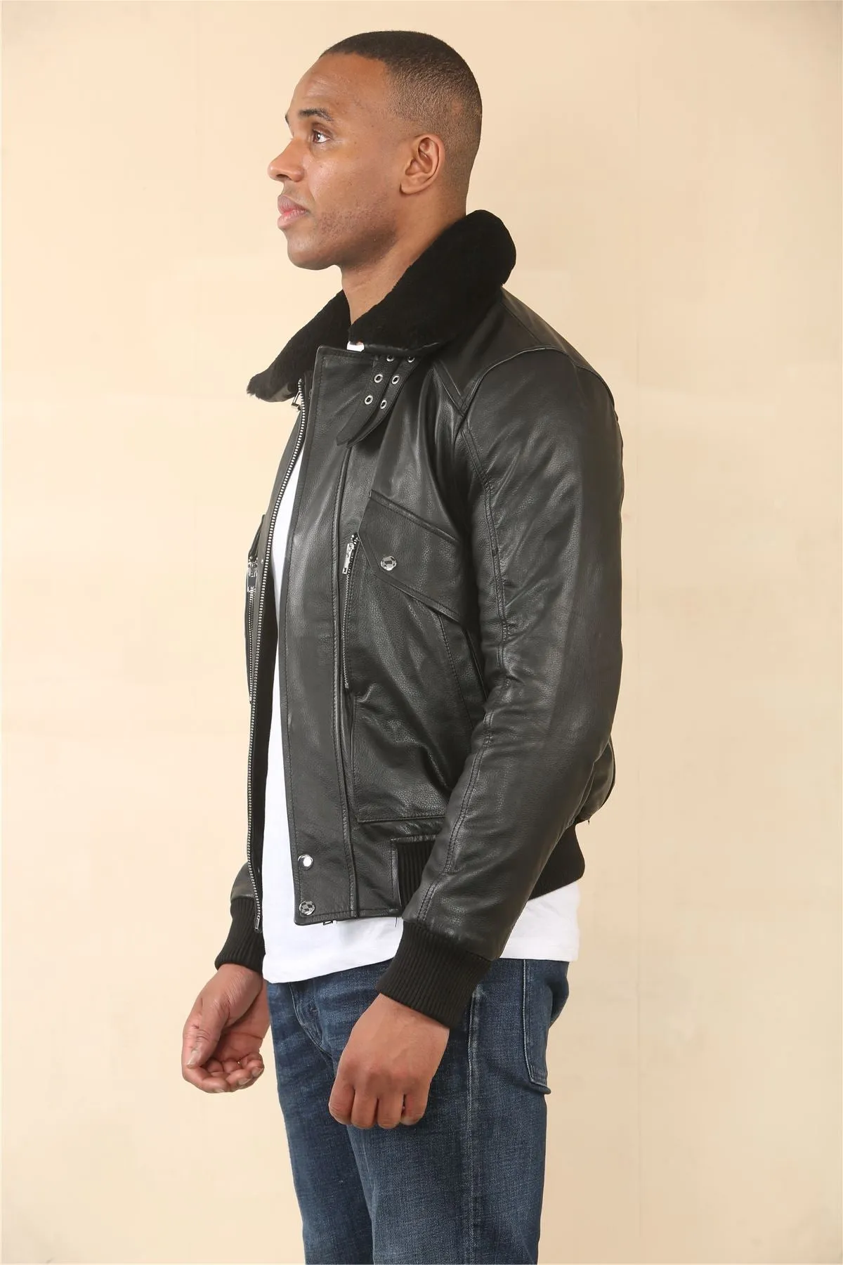 Men's Black Cowhide Aviator Bomber Leather Jacket