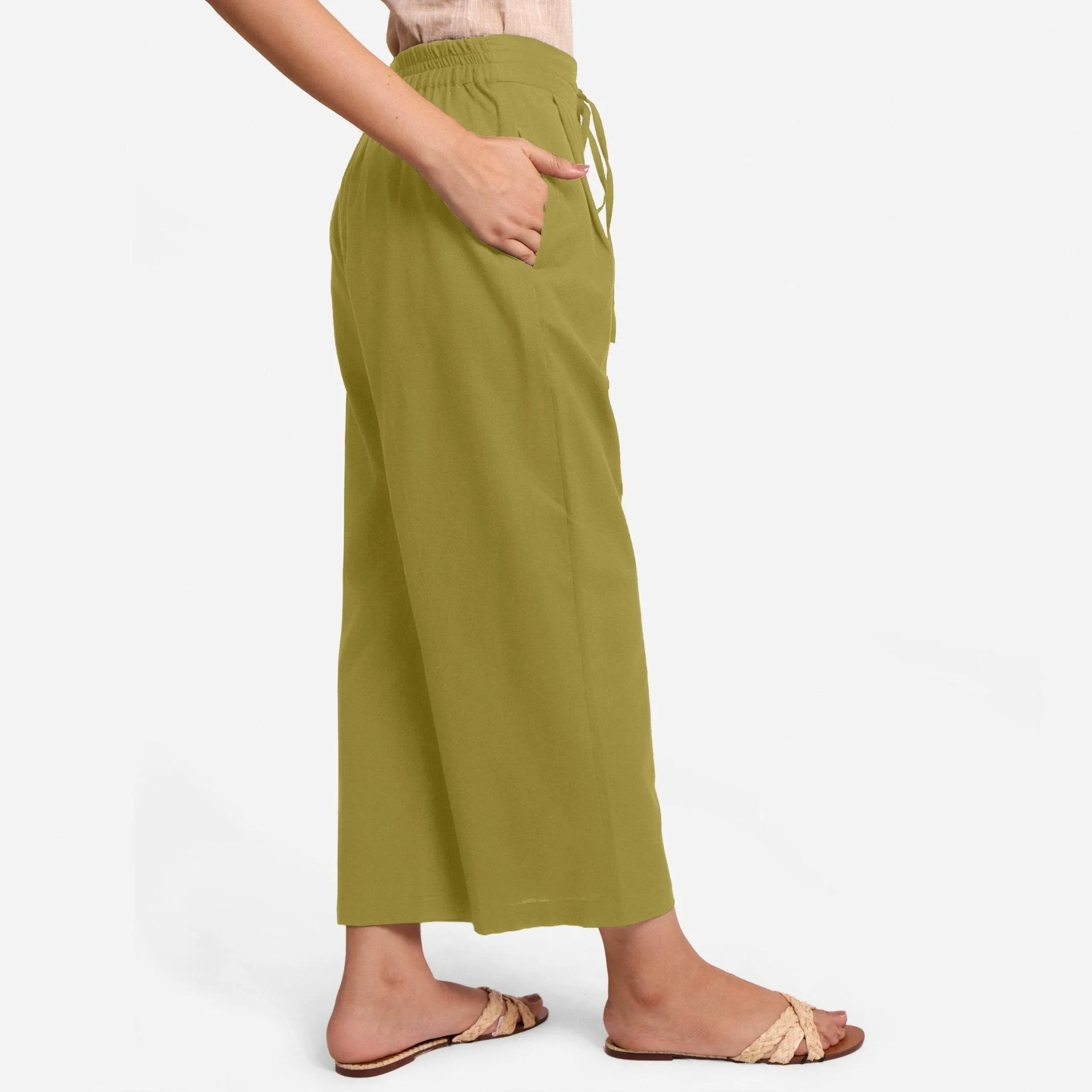 Olive Green Cotton Flax Elasticated Relaxed Fit Wide Legged Pant