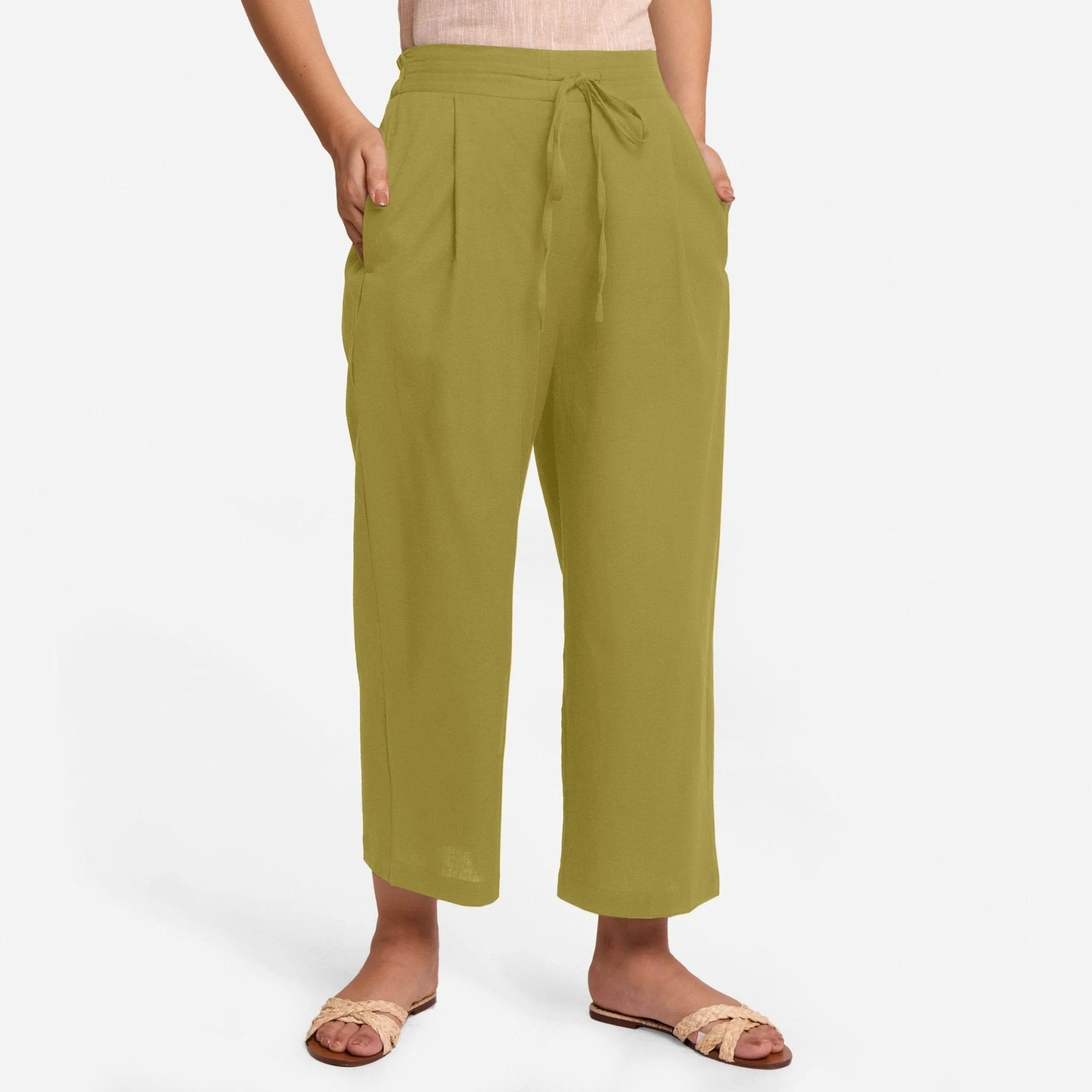 Olive Green Cotton Flax Elasticated Relaxed Fit Wide Legged Pant