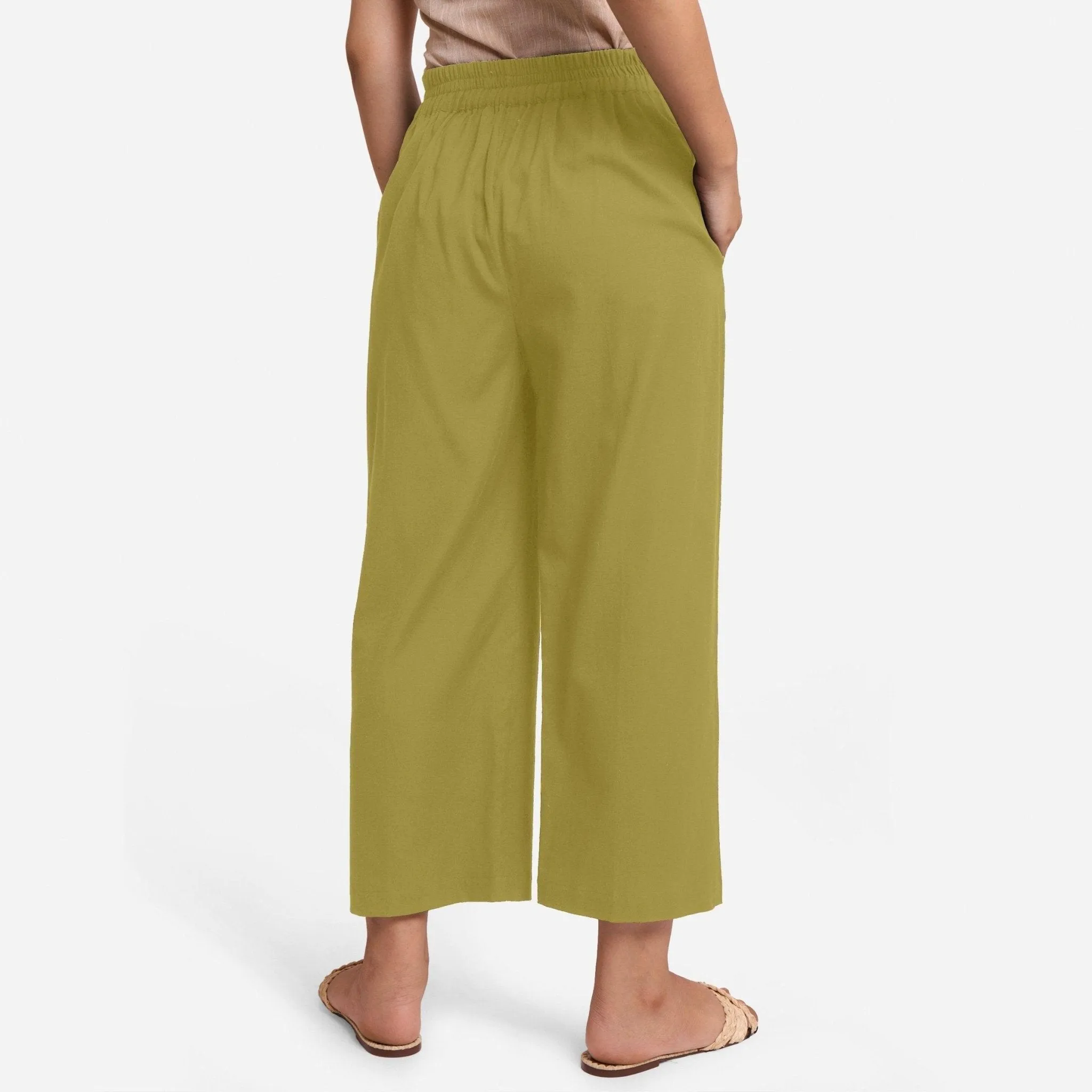 Olive Green Cotton Flax Elasticated Relaxed Fit Wide Legged Pant