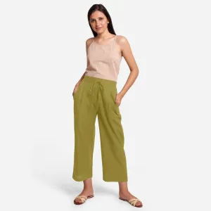 Olive Green Cotton Flax Elasticated Relaxed Fit Wide Legged Pant