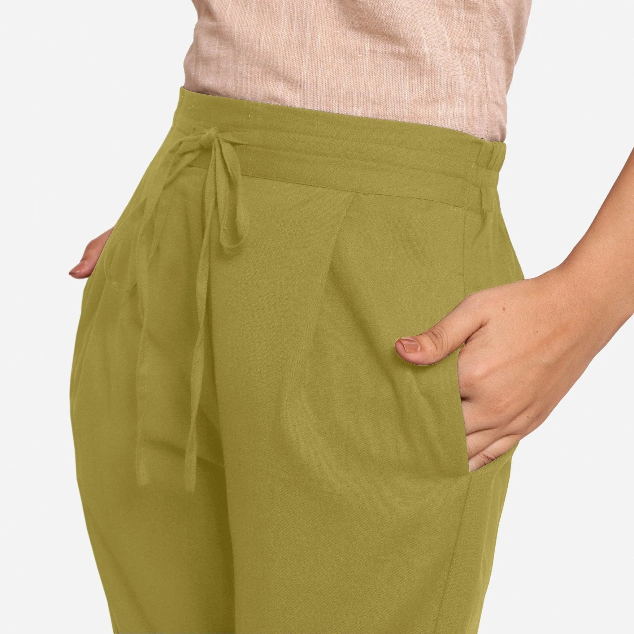 Olive Green Cotton Flax Elasticated Relaxed Fit Wide Legged Pant