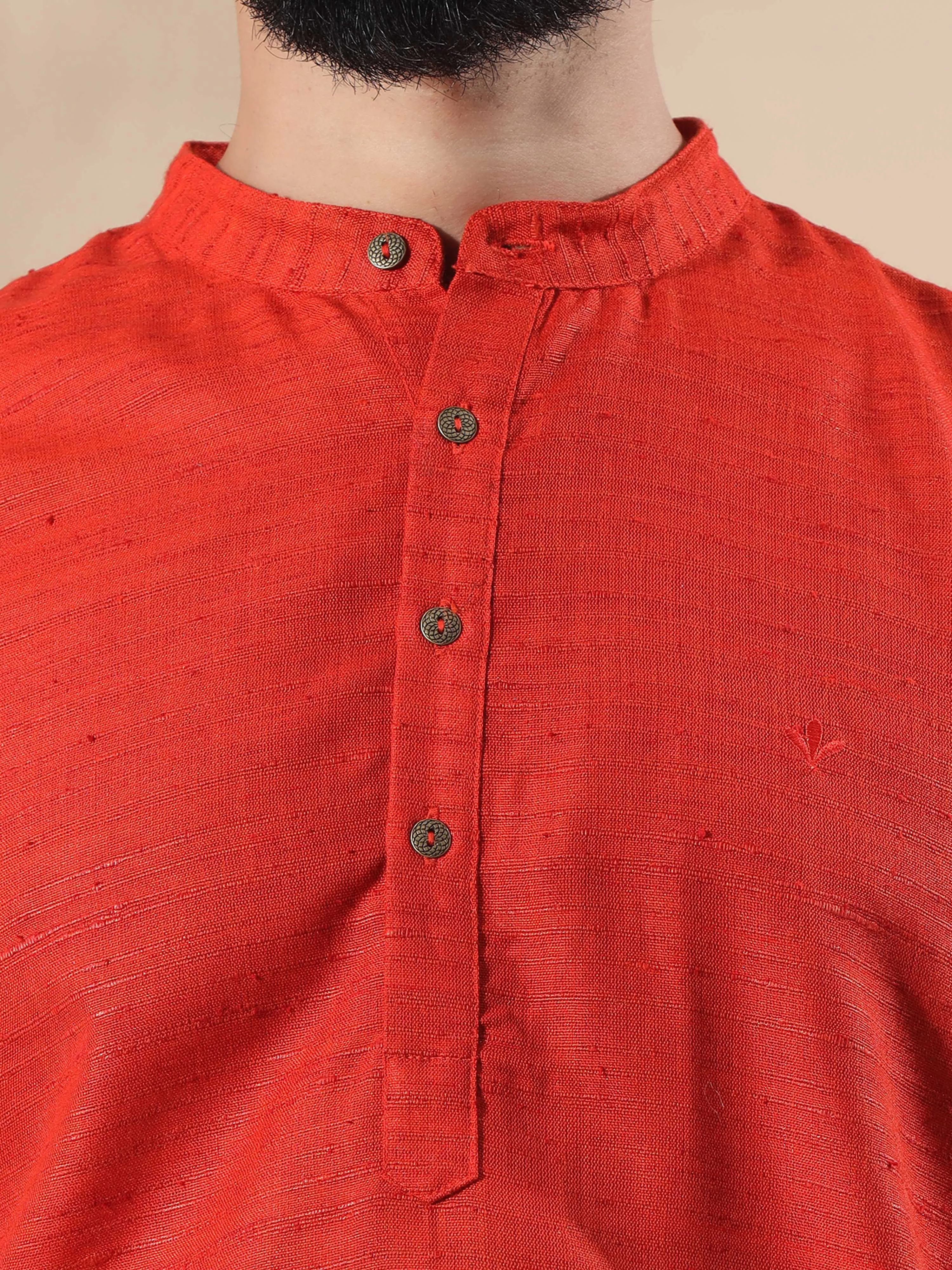 Orange Red Self Textured Short Kurta