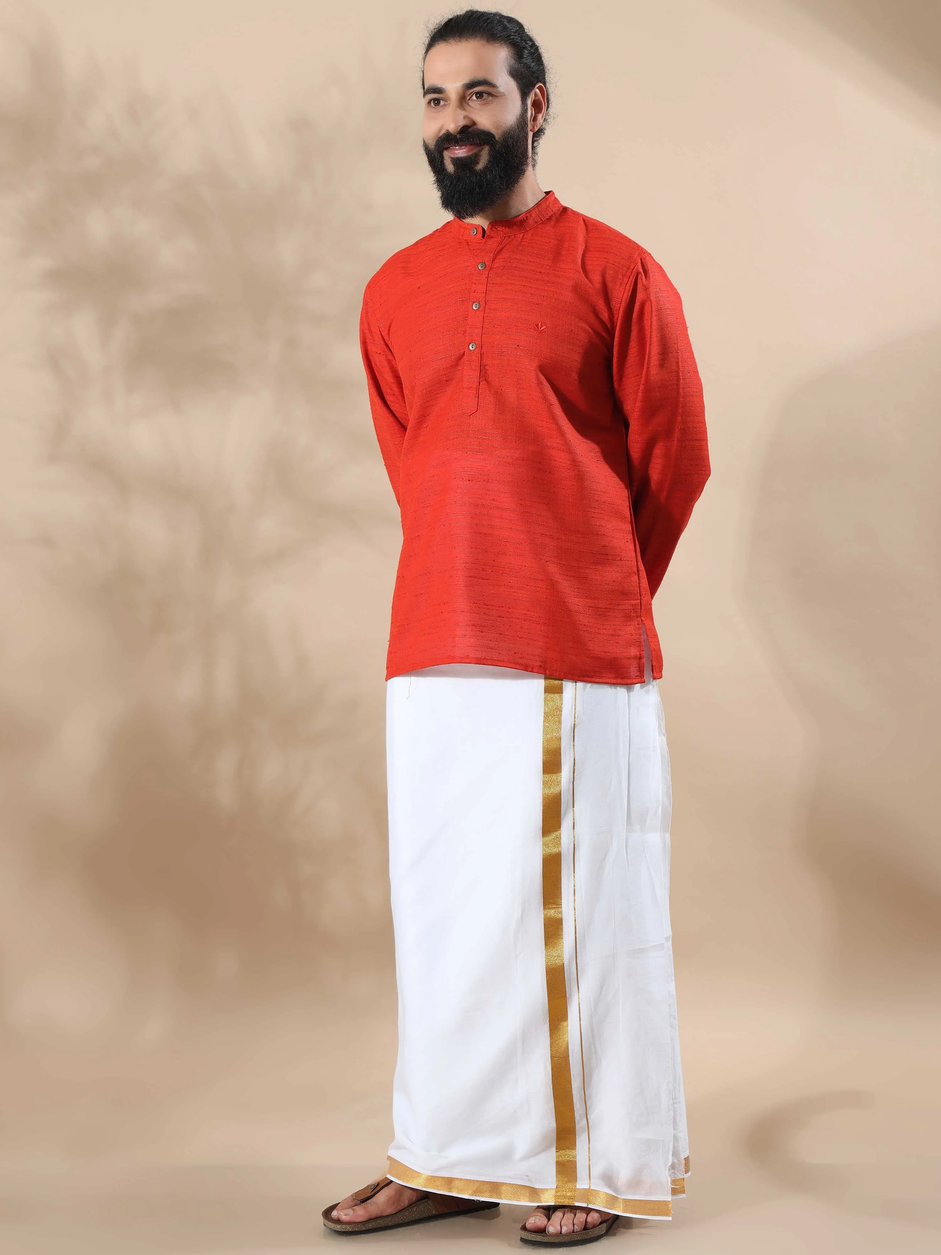 Orange Red Self Textured Short Kurta