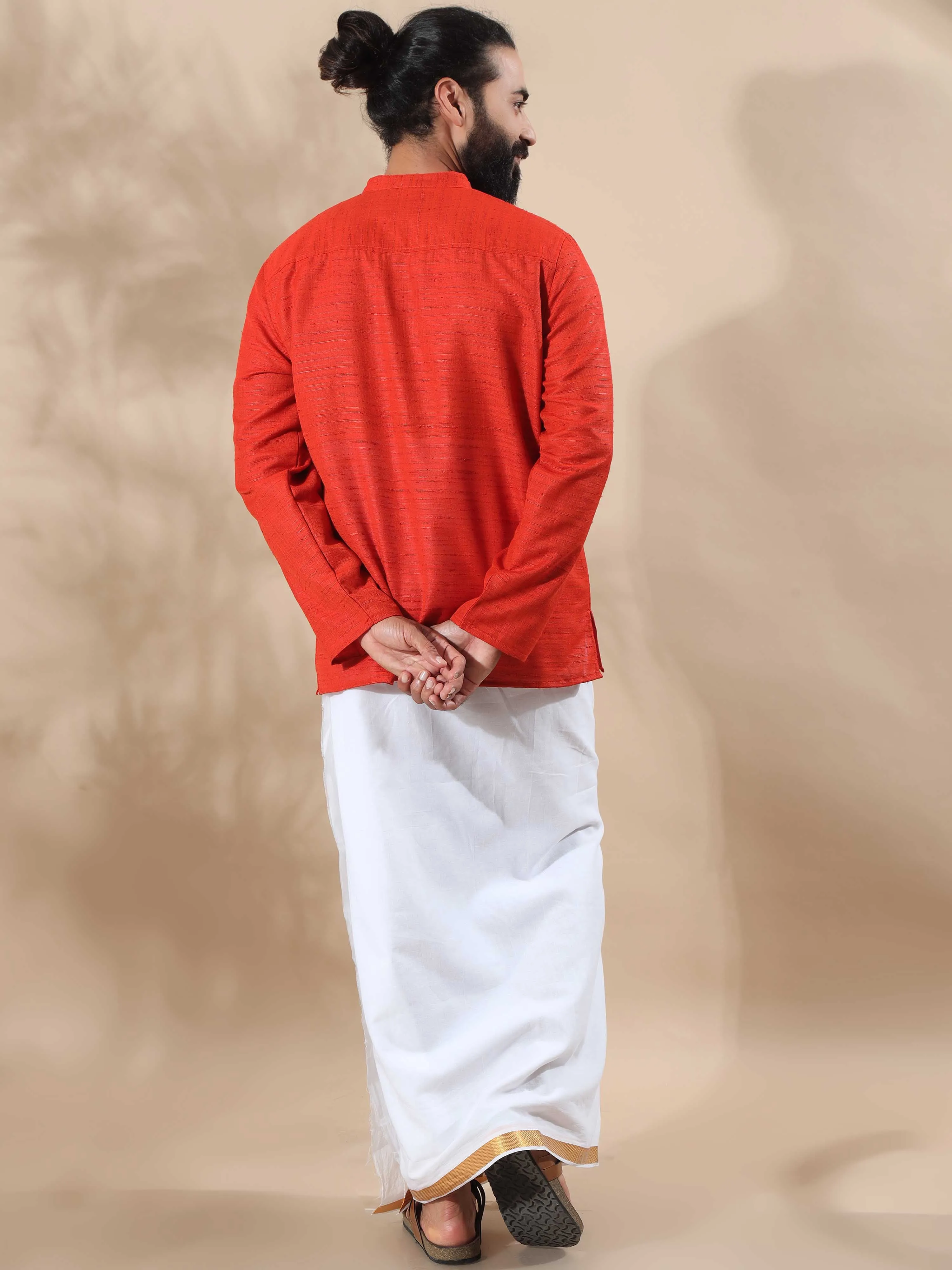 Orange Red Self Textured Short Kurta