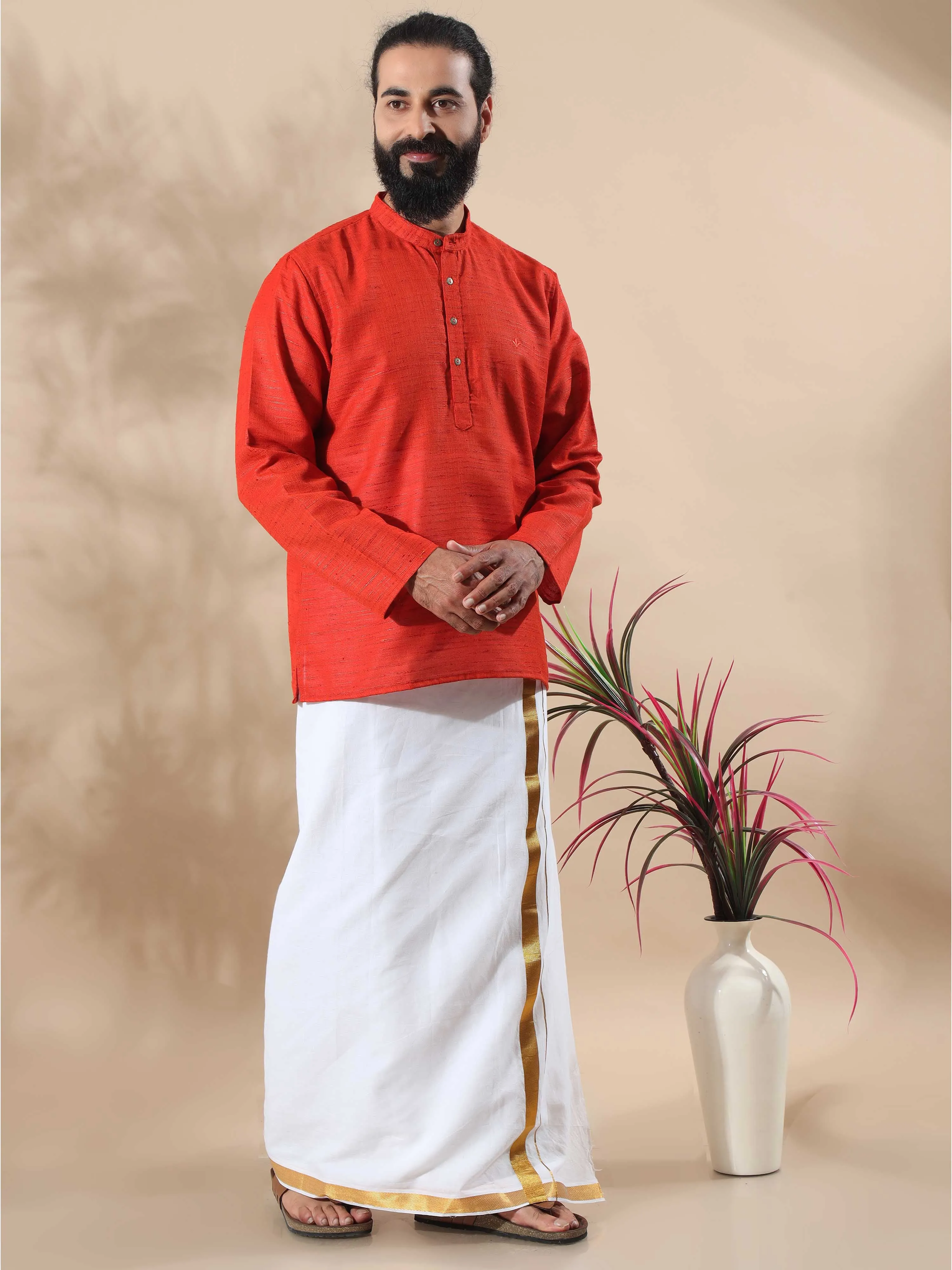 Orange Red Self Textured Short Kurta