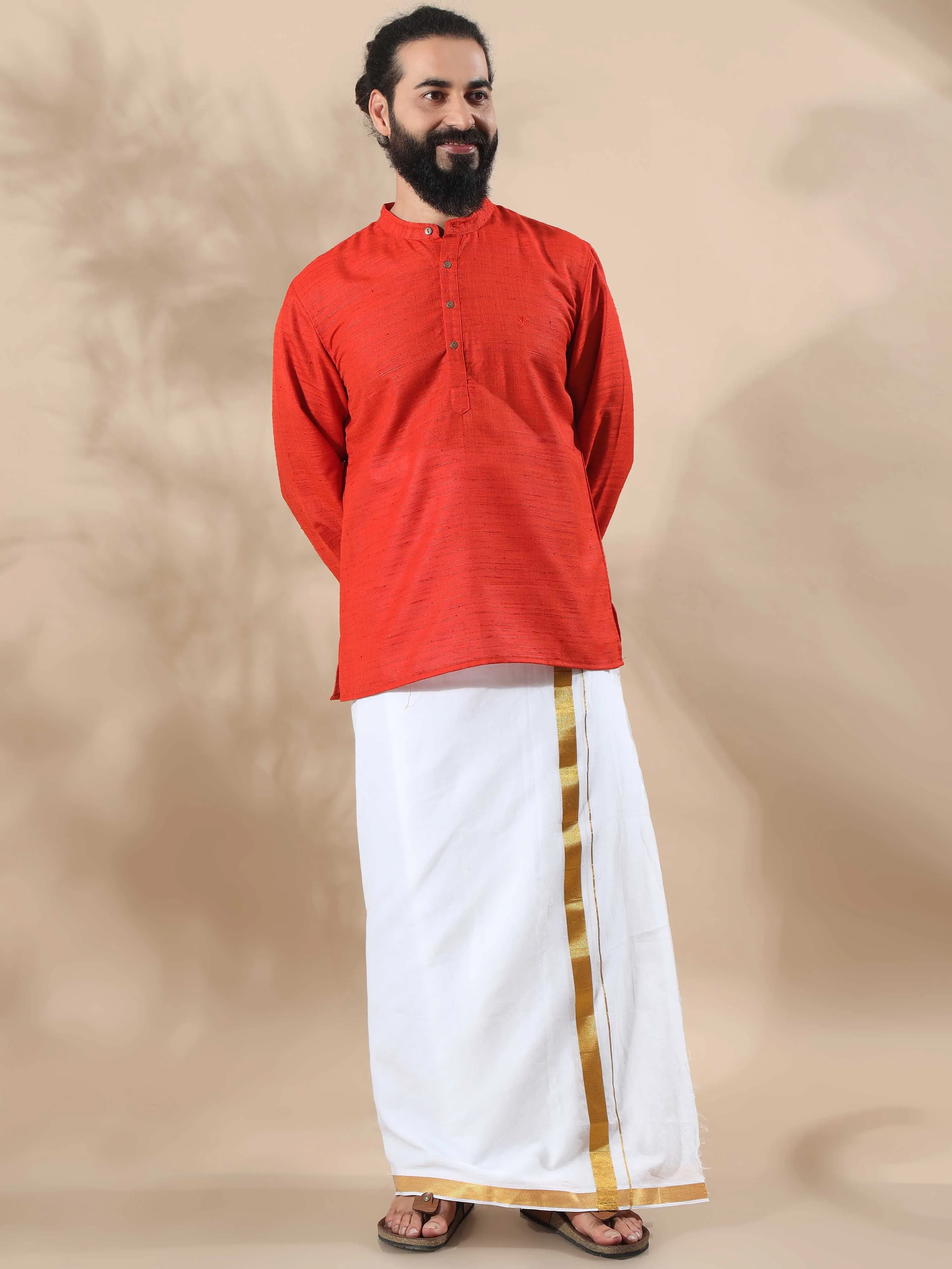 Orange Red Self Textured Short Kurta