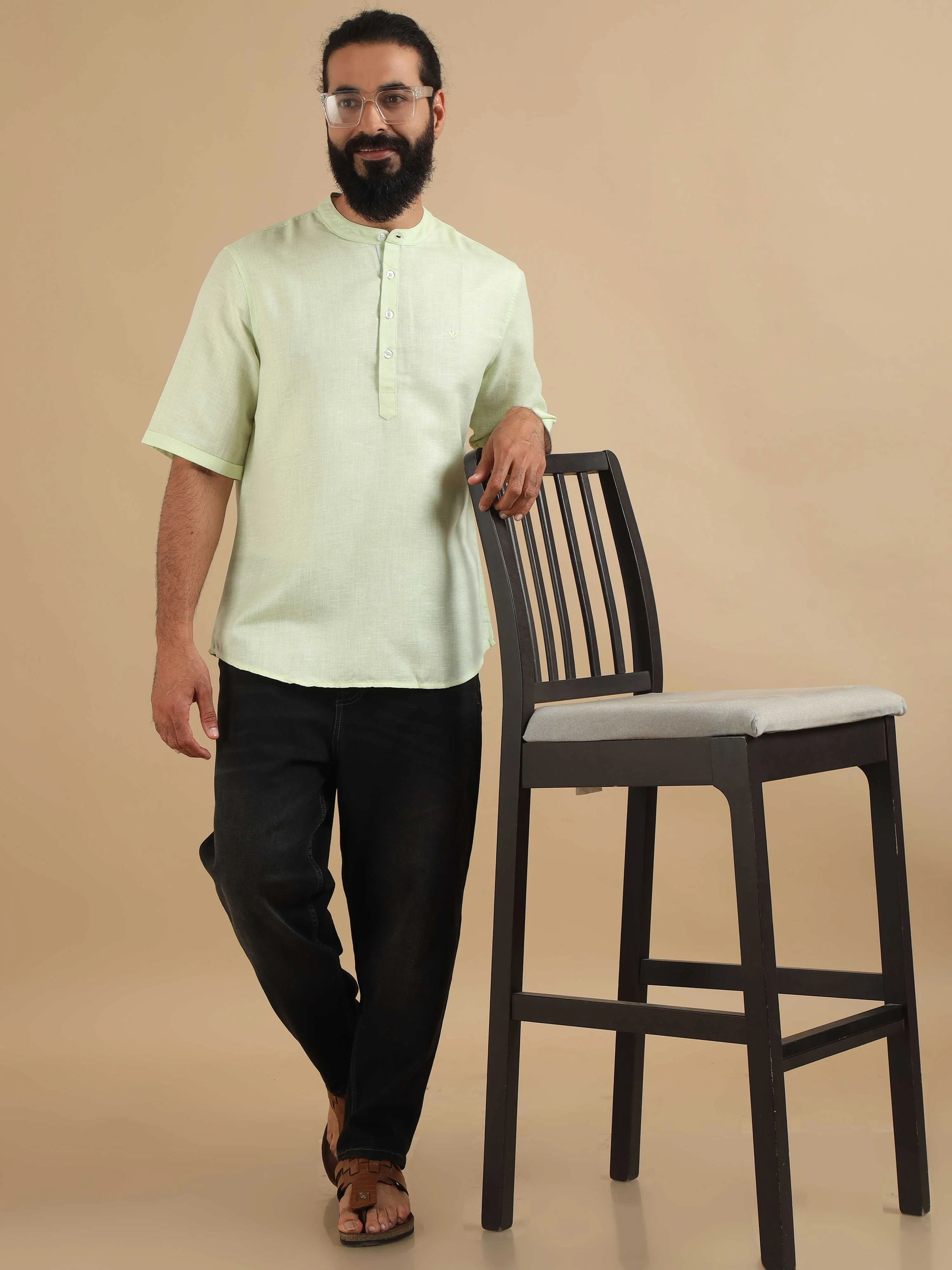 Pista Green Textured Short Kurta