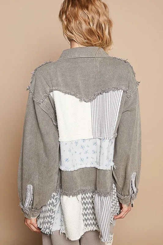 POL Charcoal Raw Hem Patchwork Dropped Shoulder Jacket