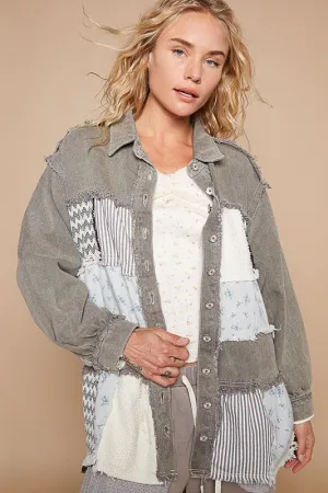 POL Charcoal Raw Hem Patchwork Dropped Shoulder Jacket