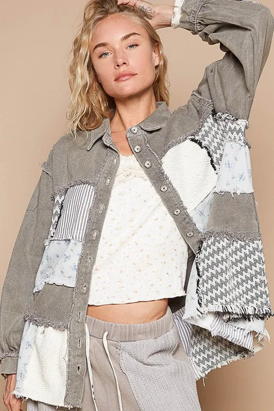 POL Charcoal Raw Hem Patchwork Dropped Shoulder Jacket