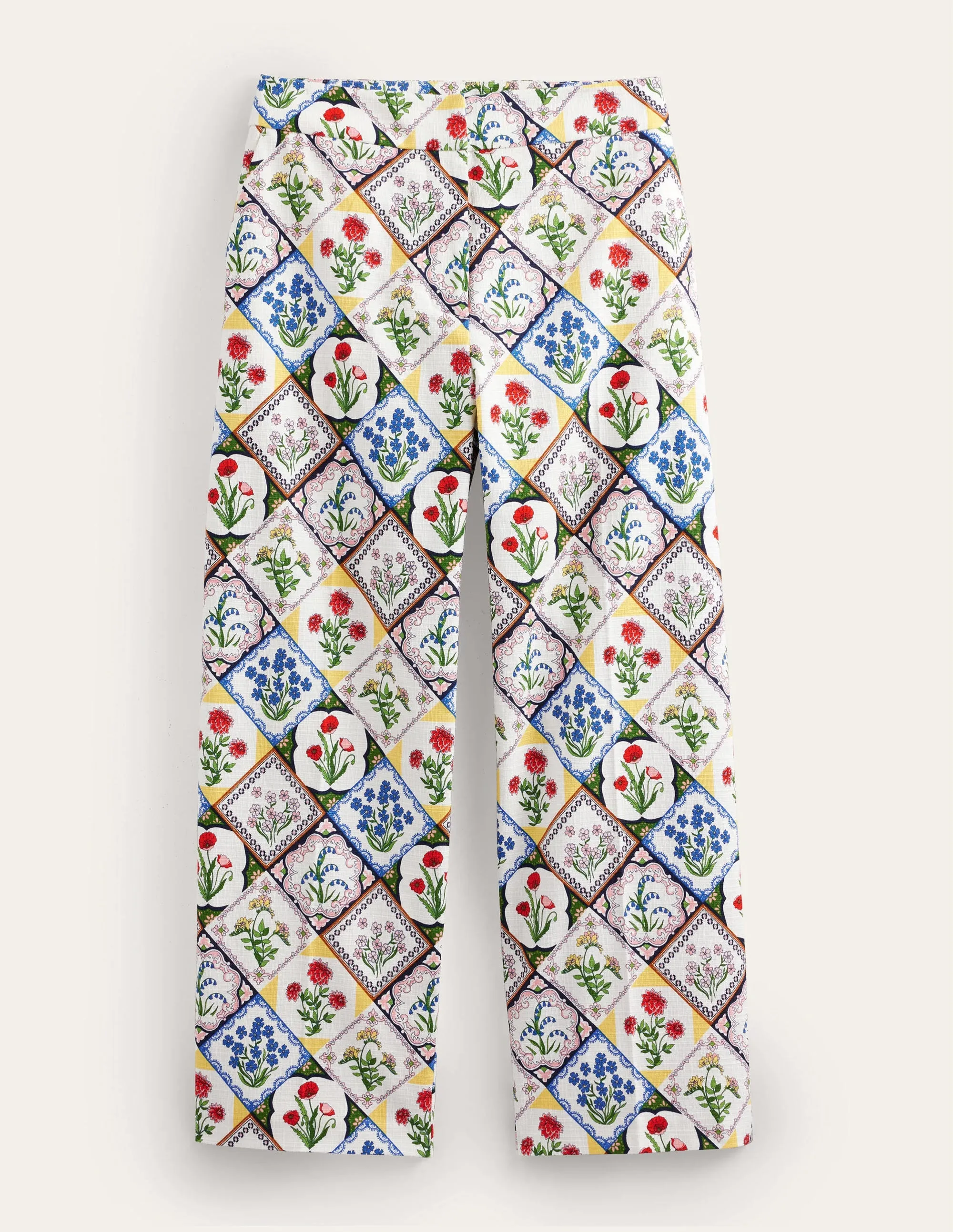Printed Straight Trousers-Ivory, White Bluebell