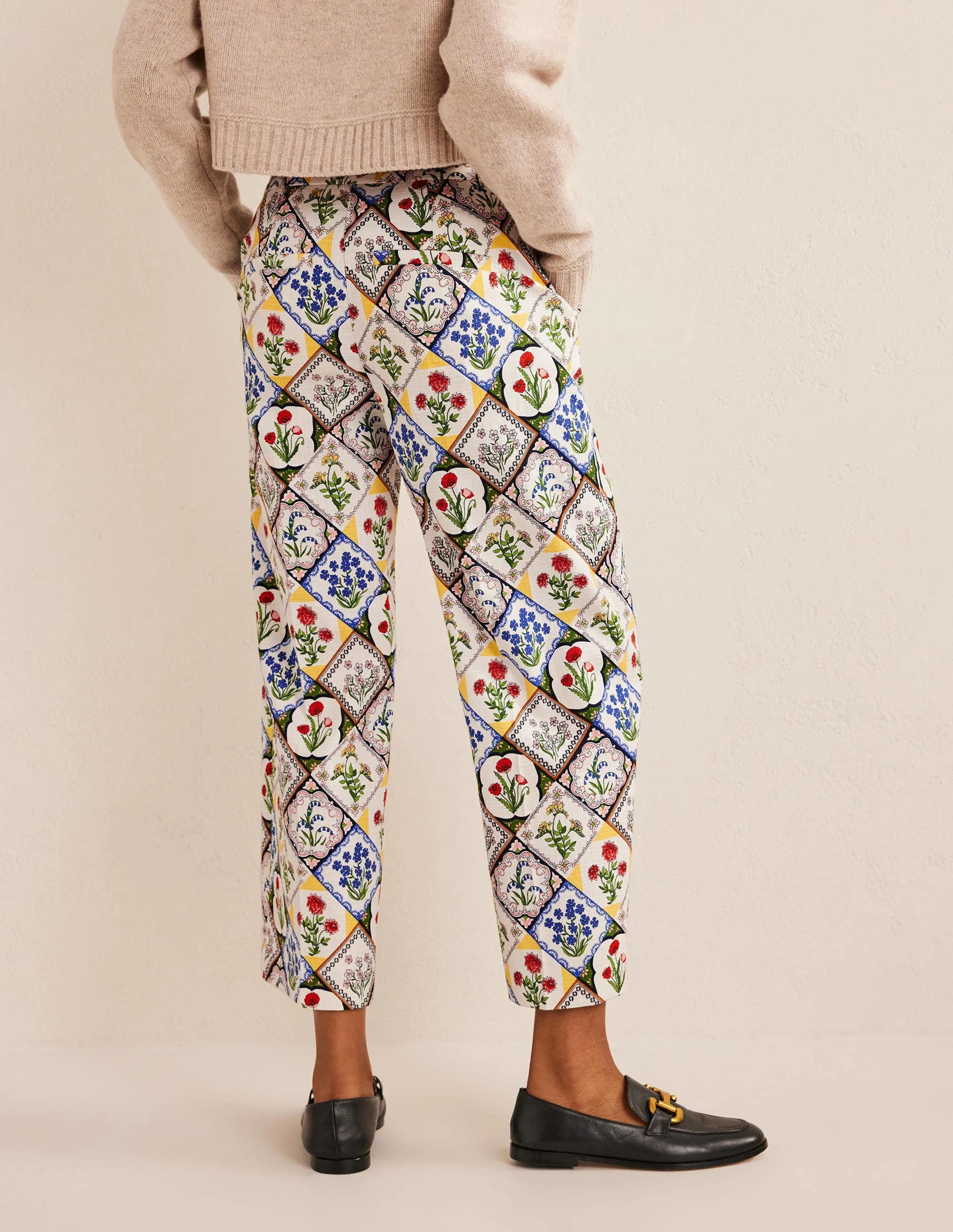 Printed Straight Trousers-Ivory, White Bluebell