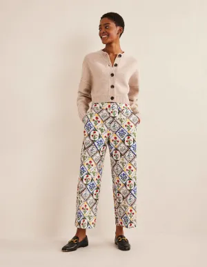 Printed Straight Trousers-Ivory, White Bluebell