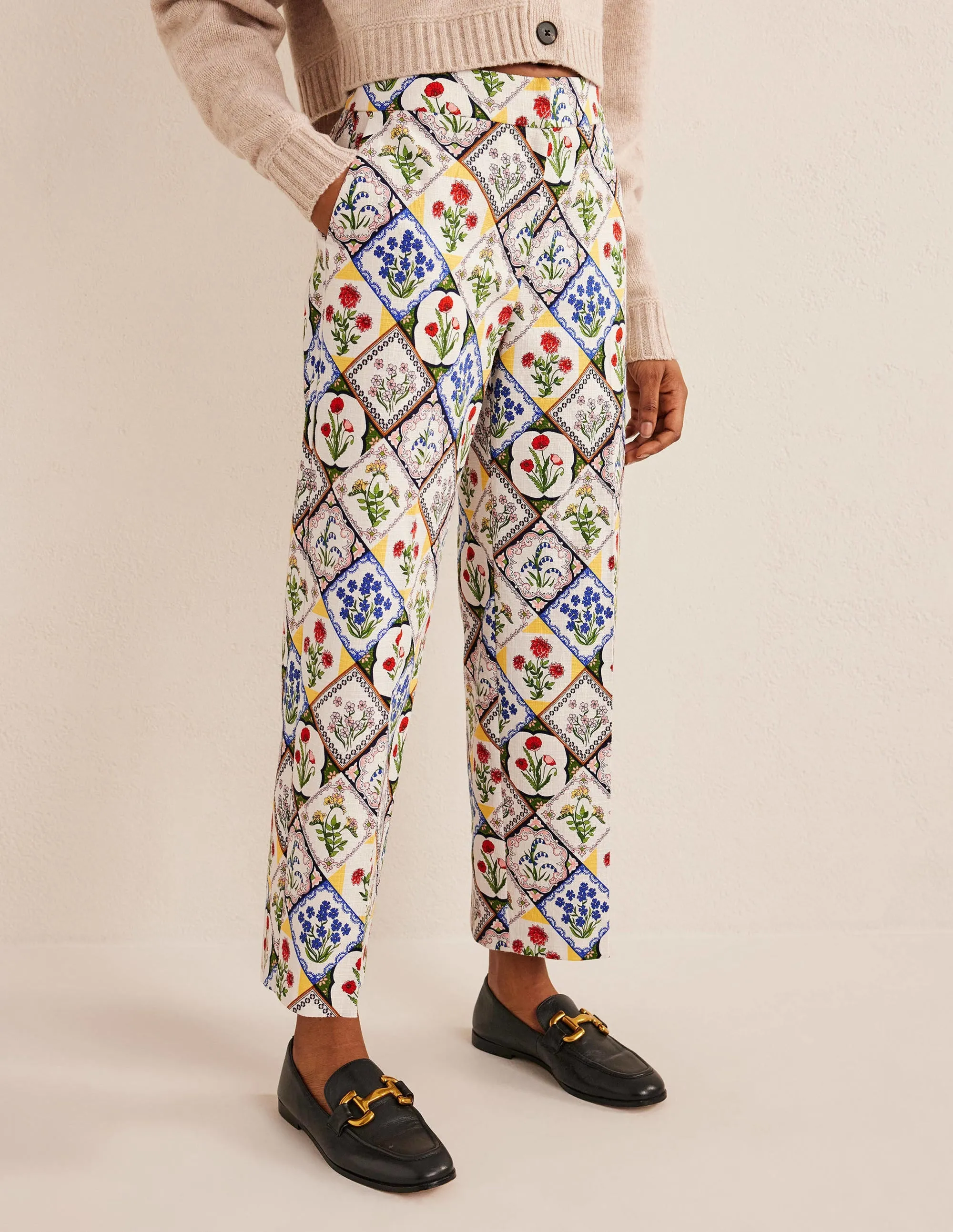 Printed Straight Trousers-Ivory, White Bluebell