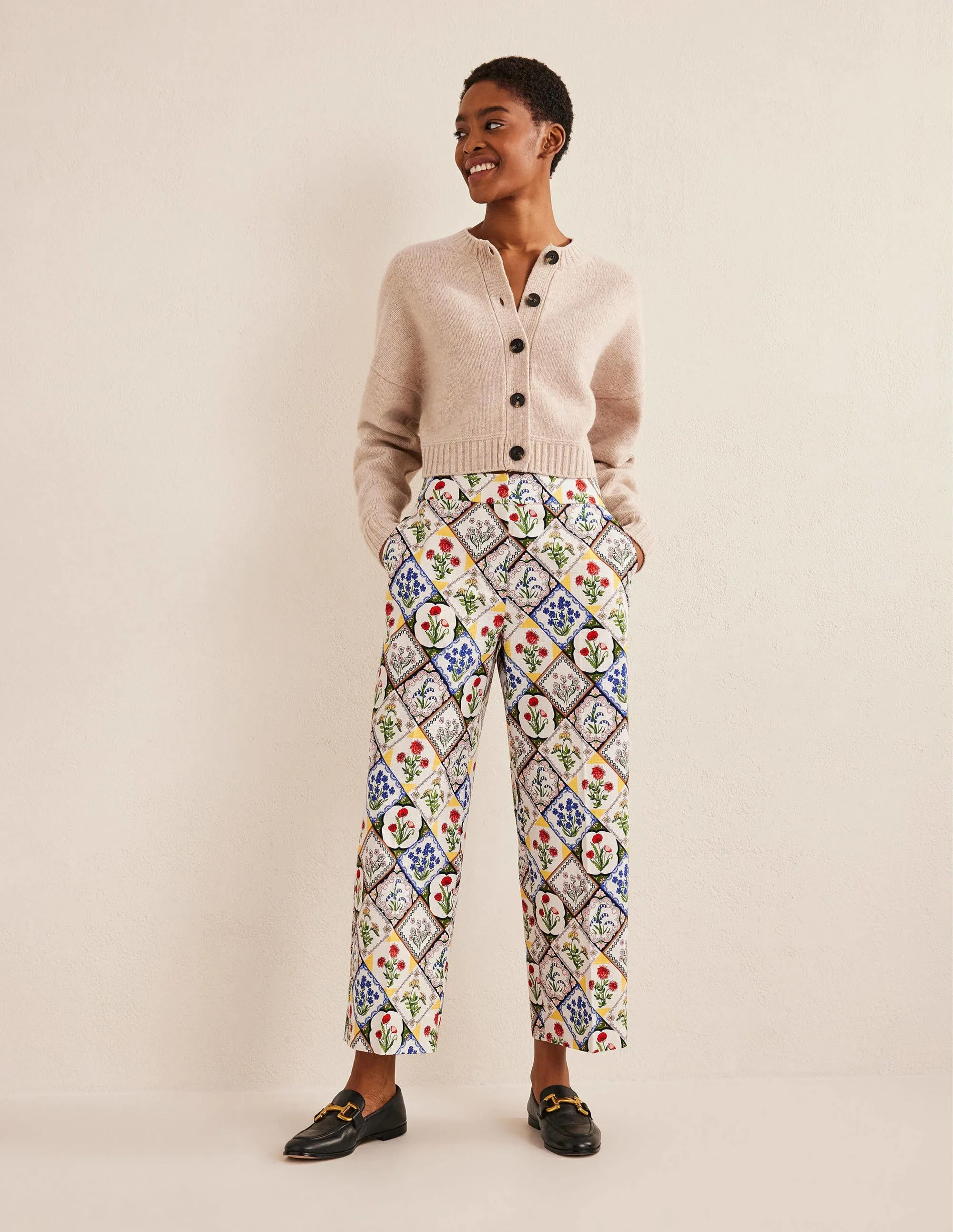 Printed Straight Trousers-Ivory, White Bluebell