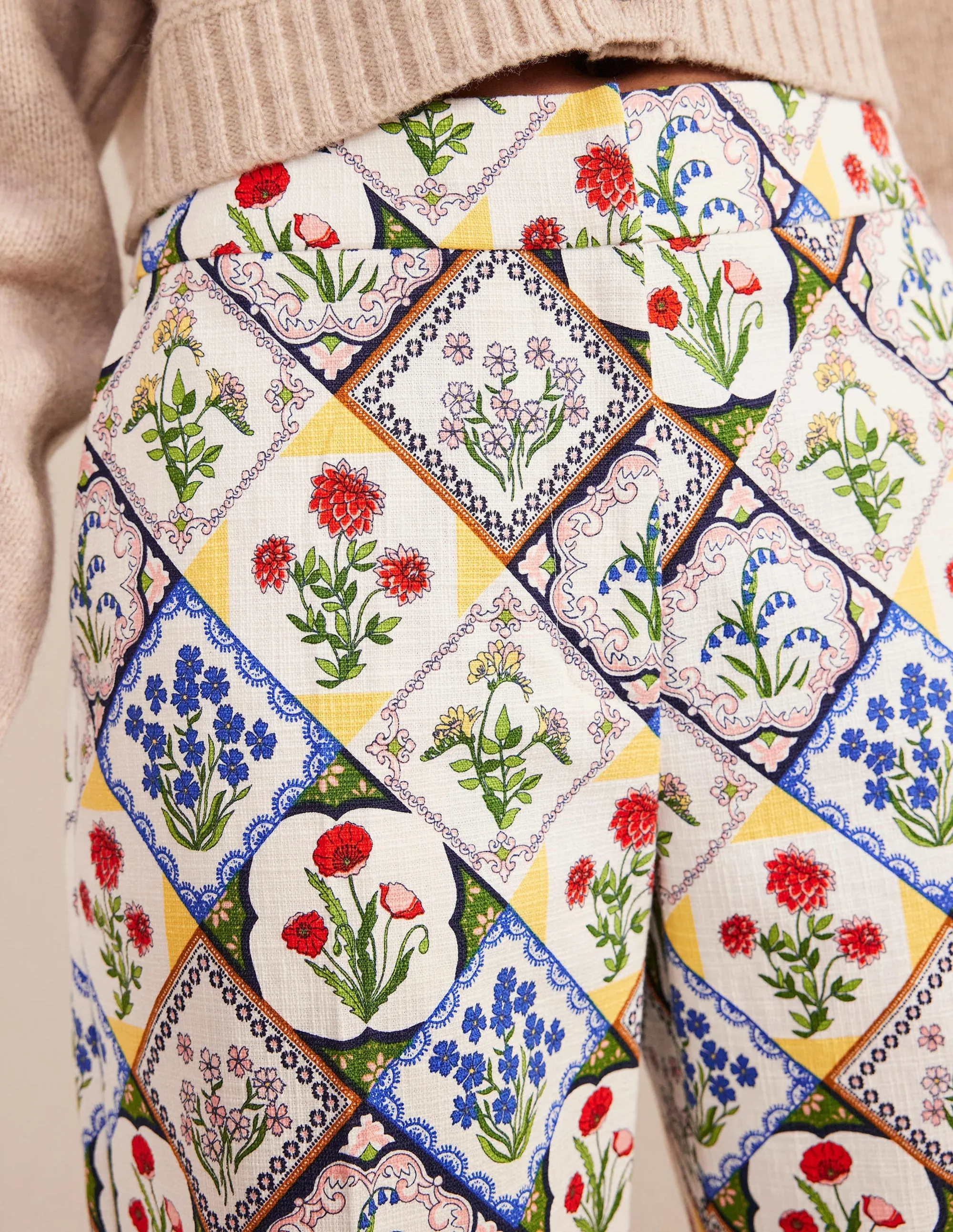 Printed Straight Trousers-Ivory, White Bluebell