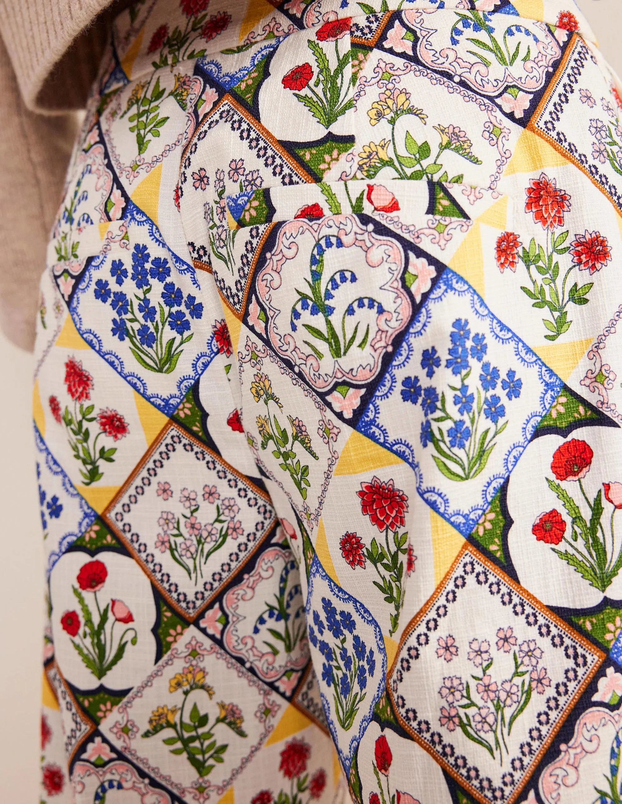 Printed Straight Trousers-Ivory, White Bluebell