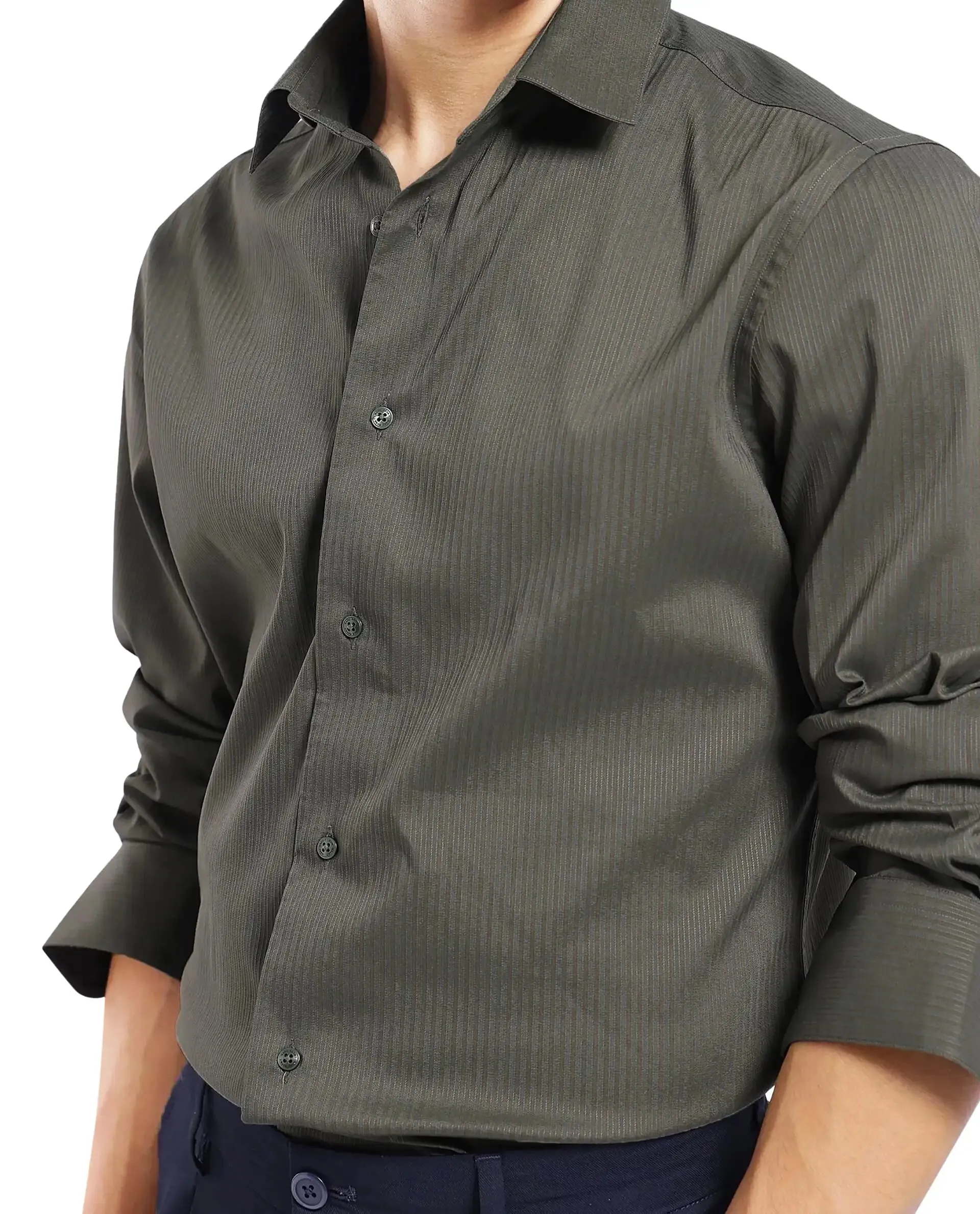 Rare Rabbit Men Lews Dark Olive Knitted Jacquard Fabric Full Sleeve Regular Fit Shirt