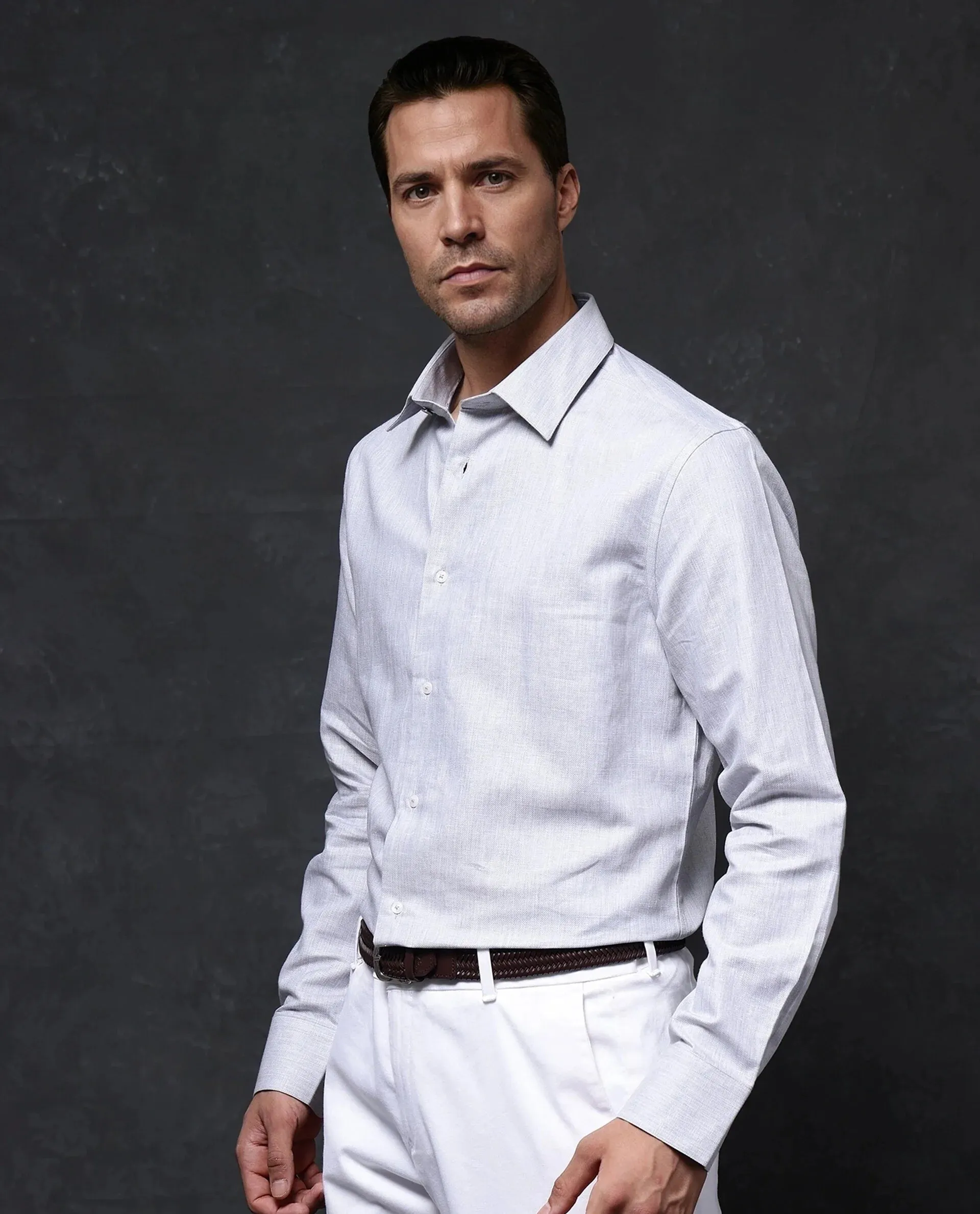 Rare Rabbit Men Nellor Grey Cotton Fabric Full Sleeve Regular Fit Textured Solid Shirt