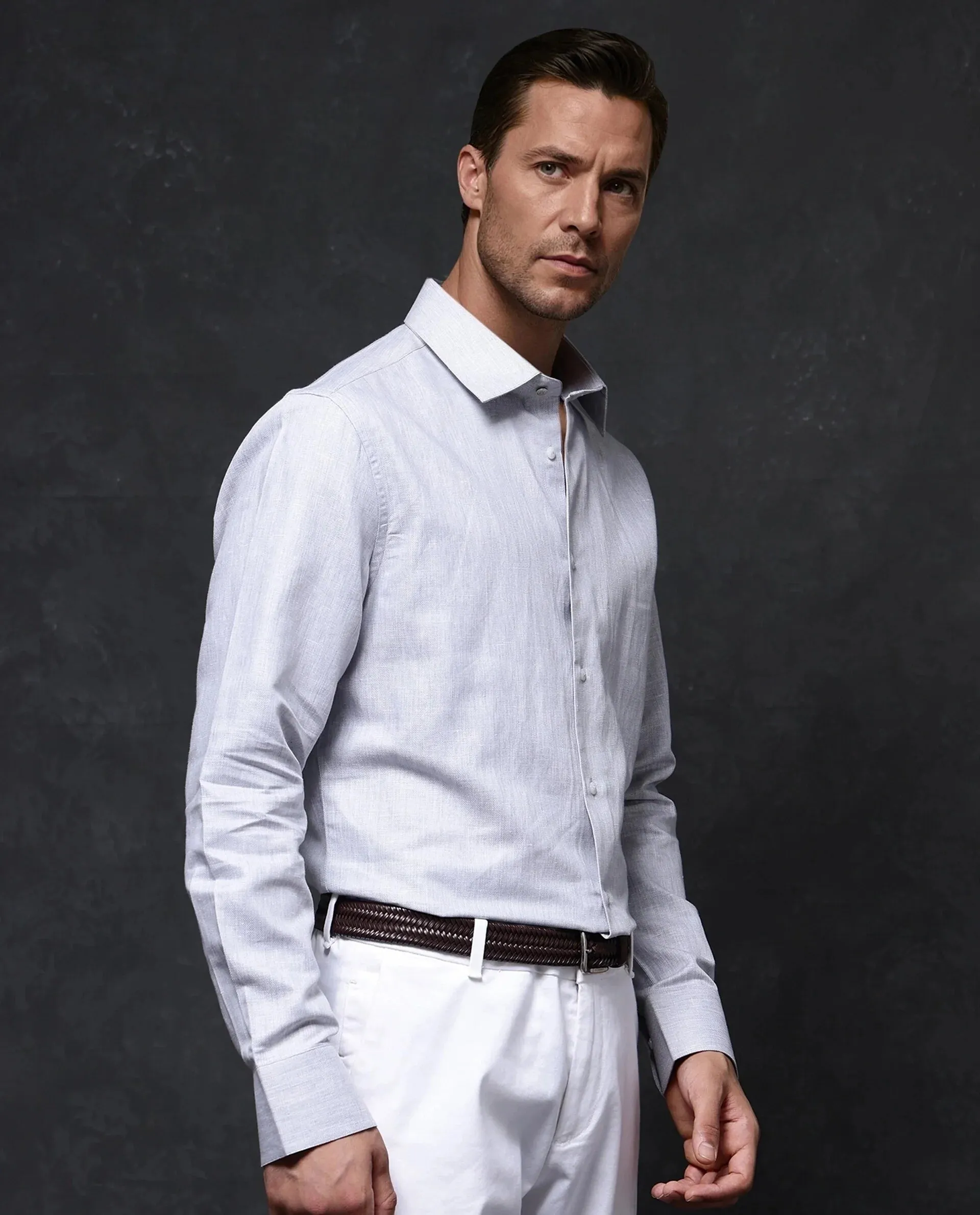 Rare Rabbit Men Nellor Grey Cotton Fabric Full Sleeve Regular Fit Textured Solid Shirt