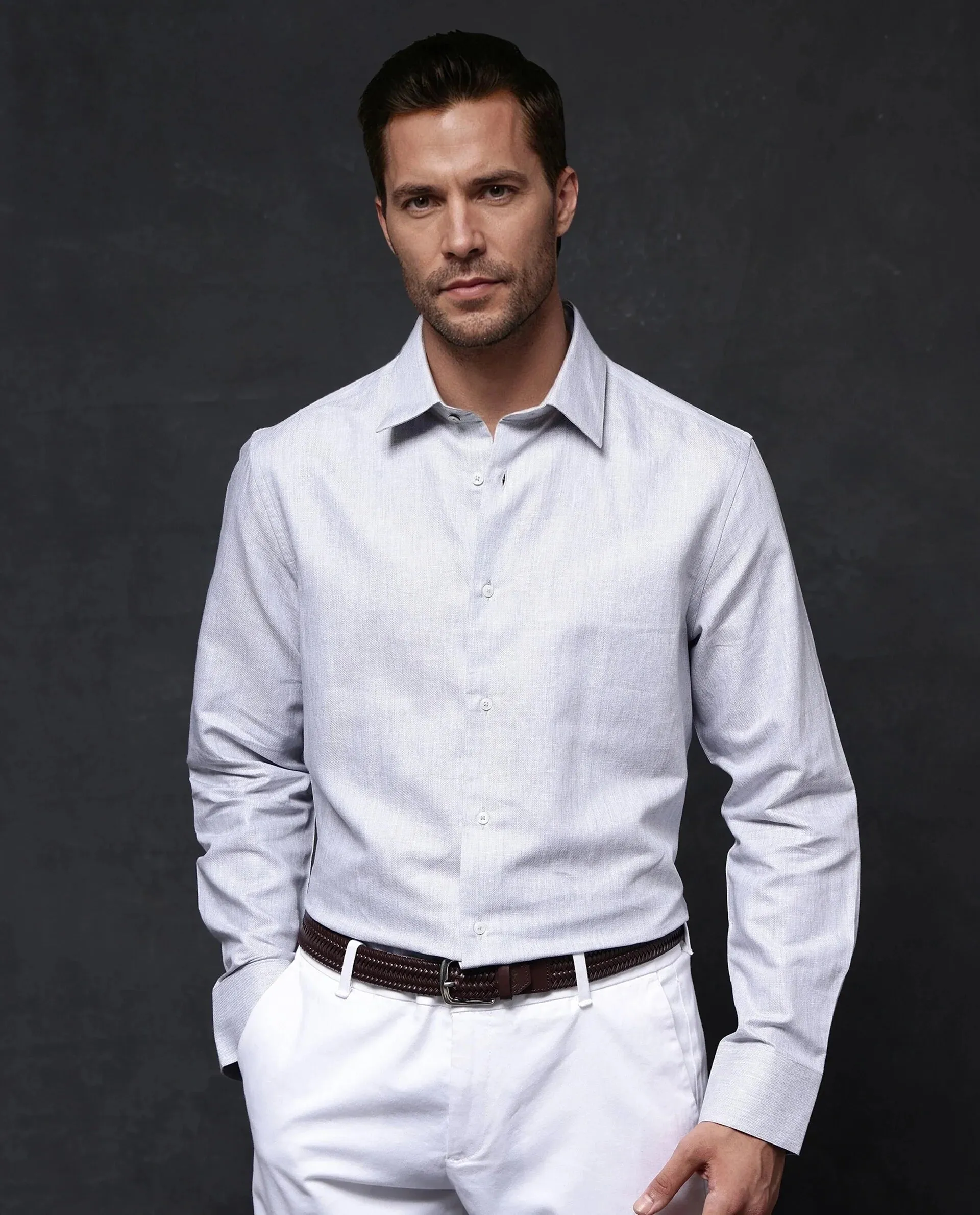 Rare Rabbit Men Nellor Grey Cotton Fabric Full Sleeve Regular Fit Textured Solid Shirt