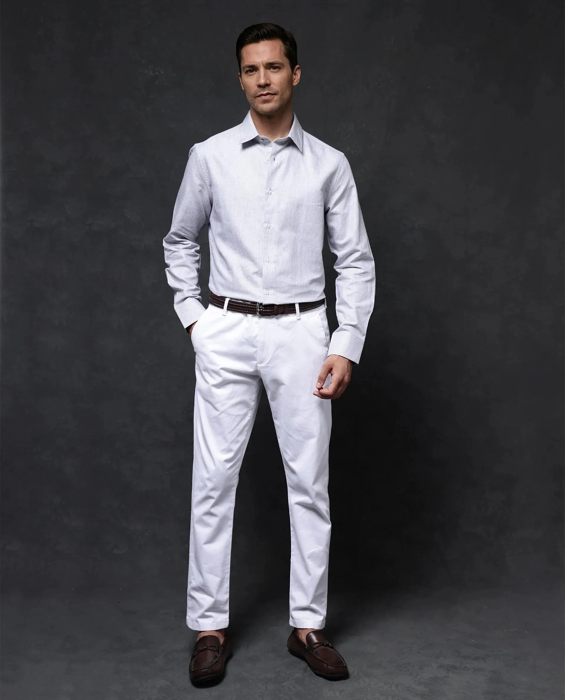 Rare Rabbit Men Nellor Grey Cotton Fabric Full Sleeve Regular Fit Textured Solid Shirt