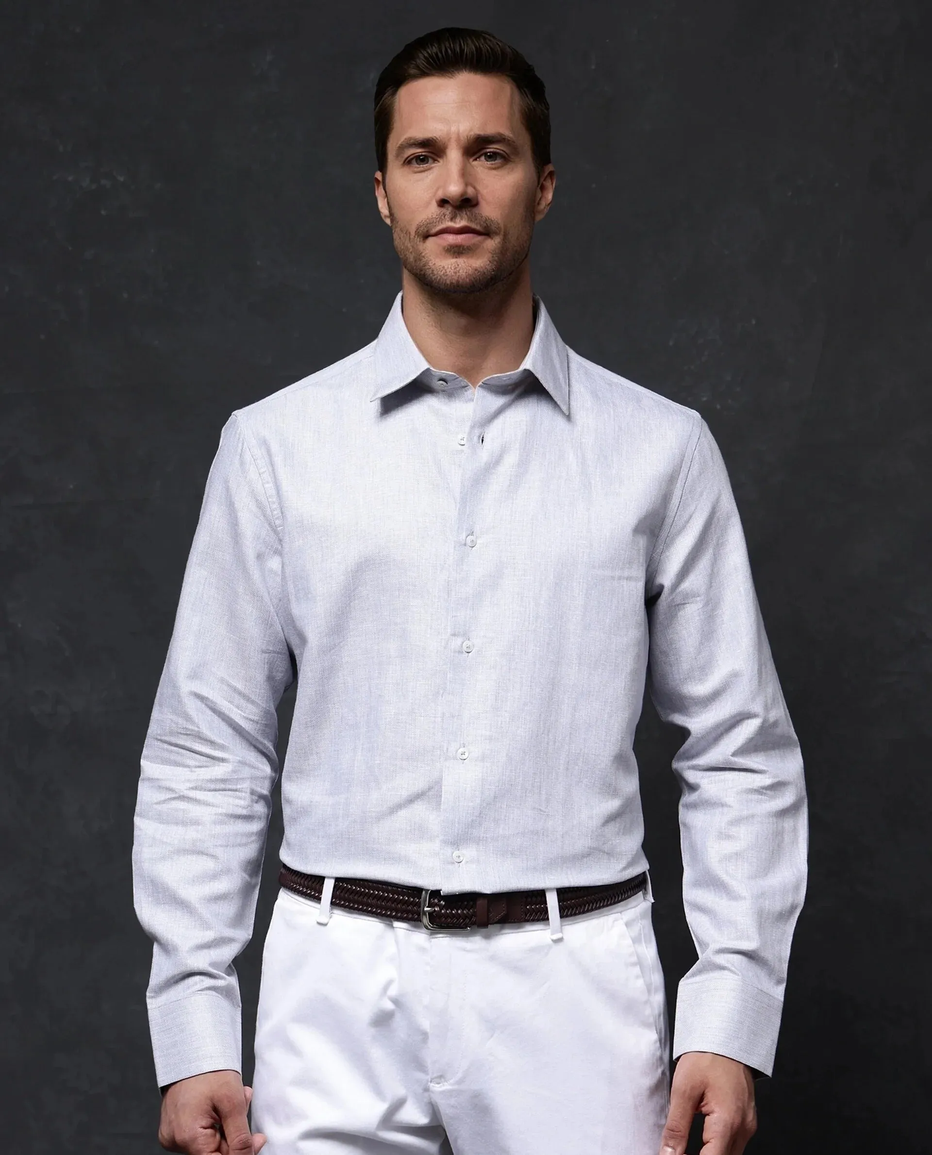 Rare Rabbit Men Nellor Grey Cotton Fabric Full Sleeve Regular Fit Textured Solid Shirt