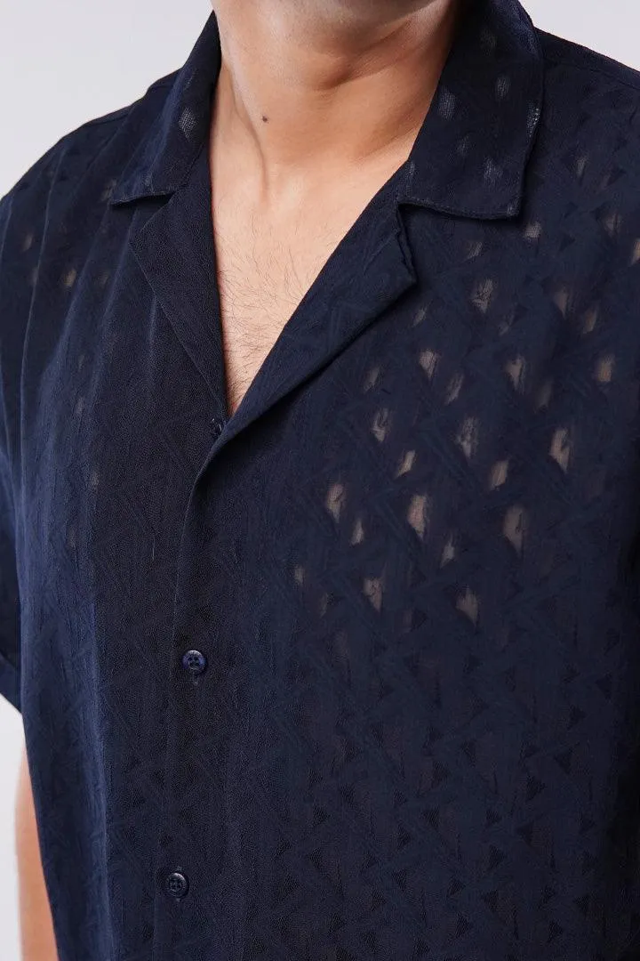 Self Texture Cuban Shirt - Navy Blue
