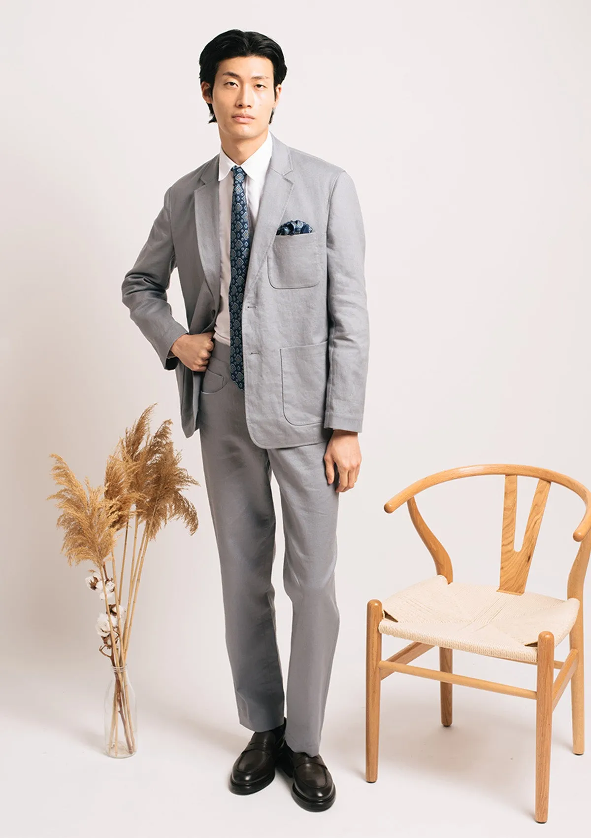 Smoke Blue Cotton Linen Casual Trouser