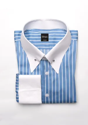 Super Fine Blue Satin Stretch Stripes Shirt - White Classic Collar With Pin