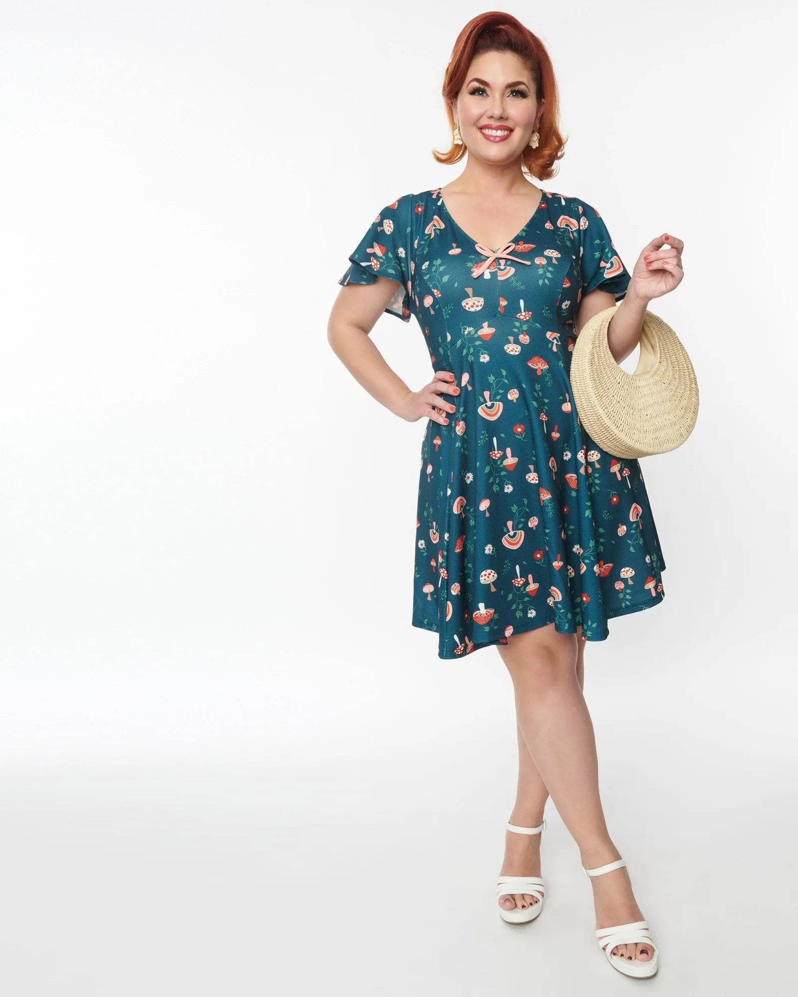 Unique Vintage Curve Green Mushroom Print Fit & Flare Flutter Dress | Green