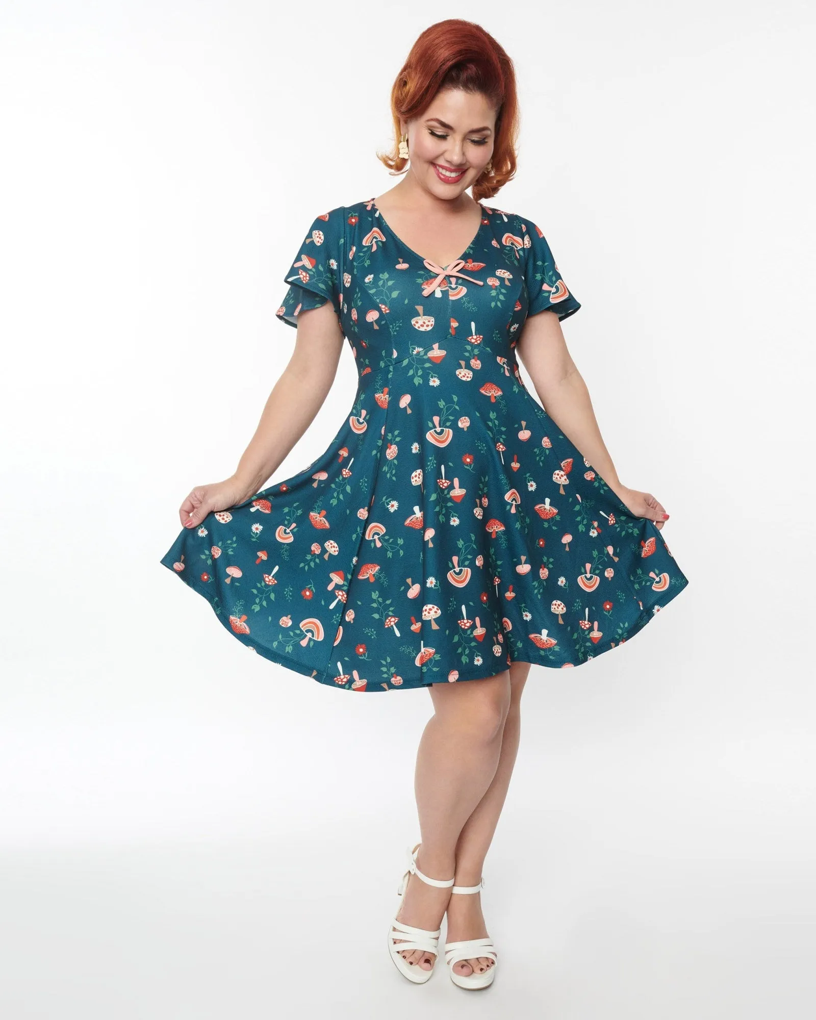 Unique Vintage Curve Green Mushroom Print Fit & Flare Flutter Dress | Green