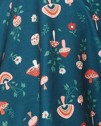 Unique Vintage Curve Green Mushroom Print Fit & Flare Flutter Dress | Green