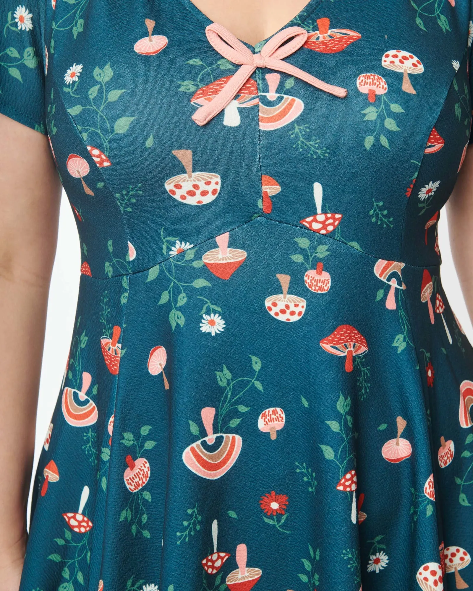 Unique Vintage Curve Green Mushroom Print Fit & Flare Flutter Dress | Green