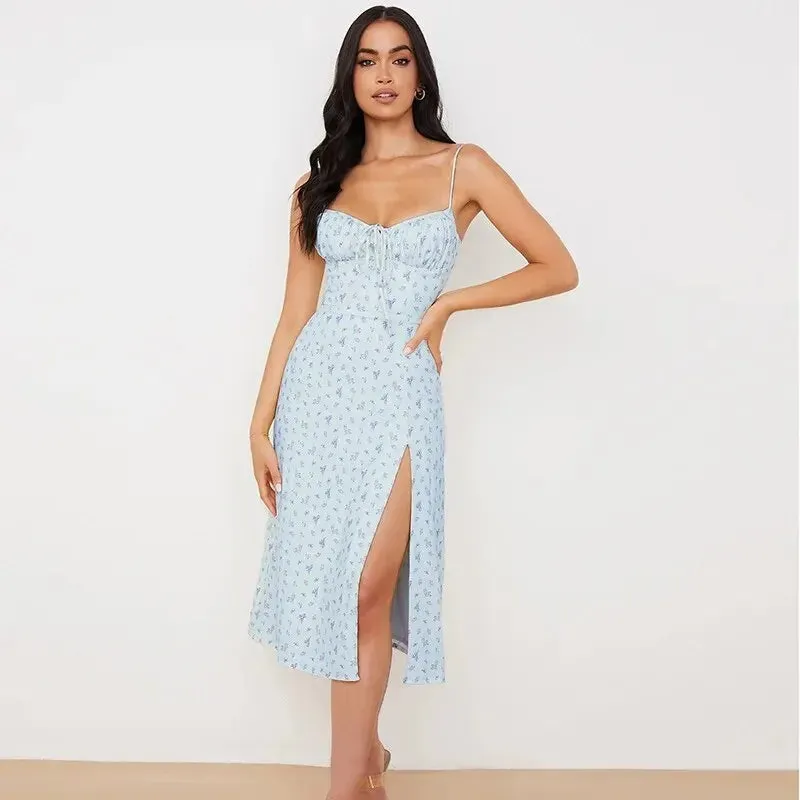 Wenkouban-Christmas Thanksgiving Gift New Year's Eve Dress party look inspos back to school dress  Floral Bust Strap Slit Midi Sundress