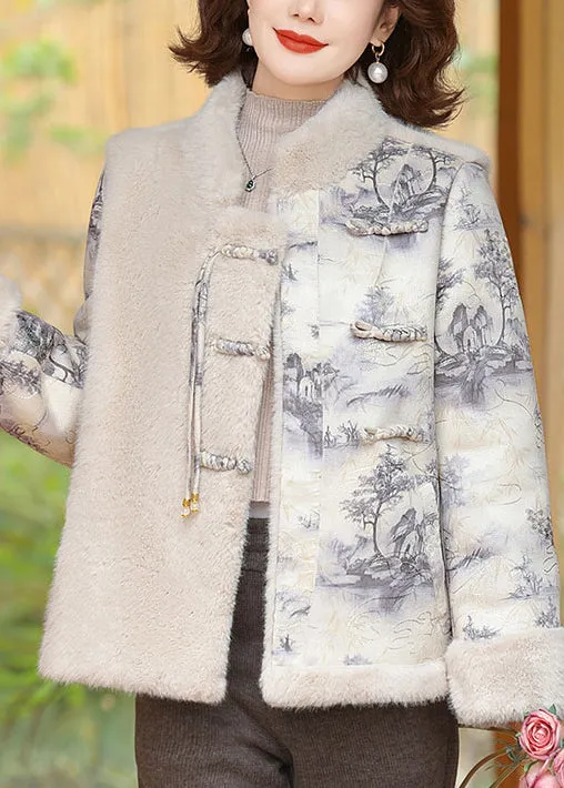 Women Beige Button Patchwork Mink Velvet Coats Winter RZ028